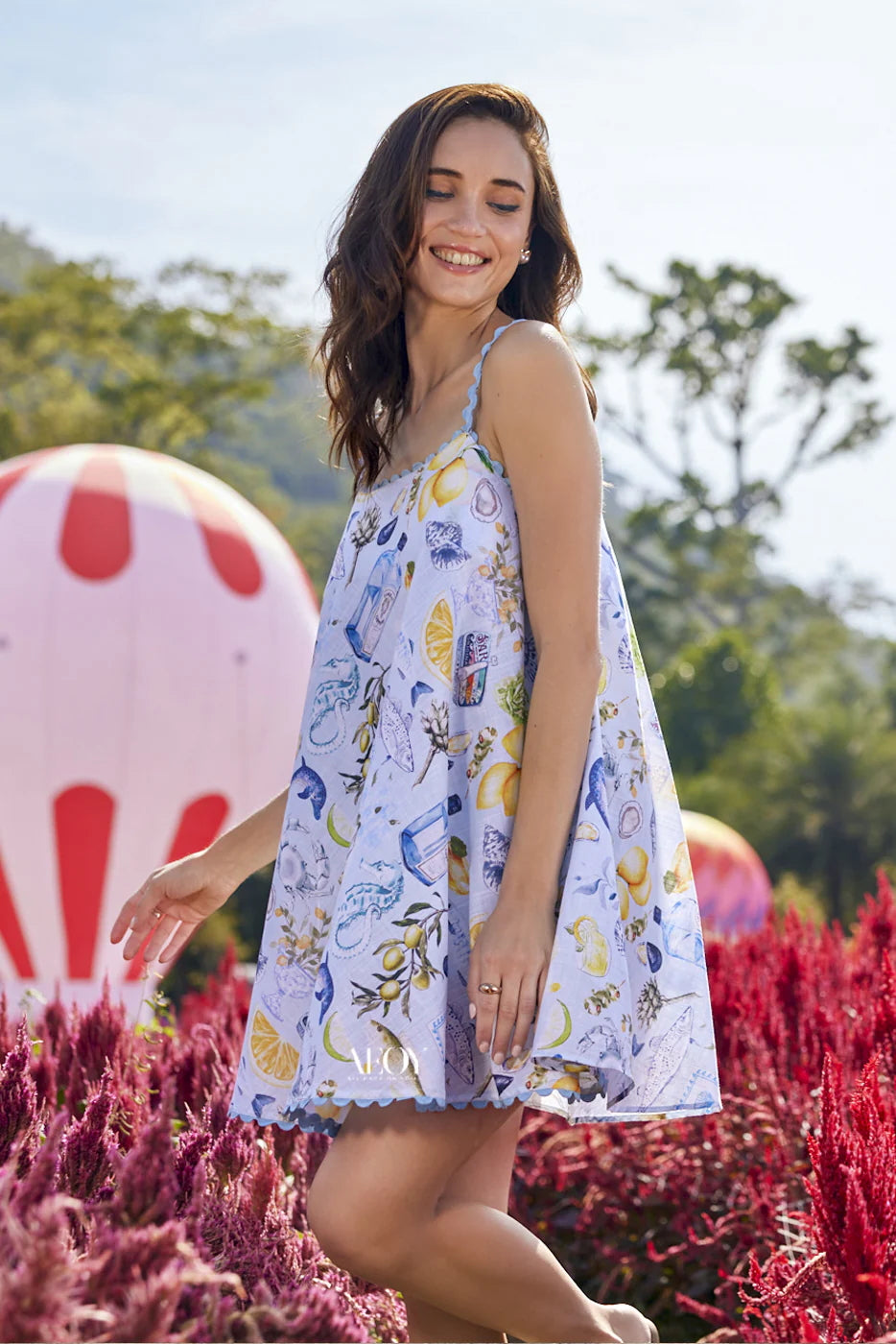 Blue Printed Reyon Slub-Mini Dress