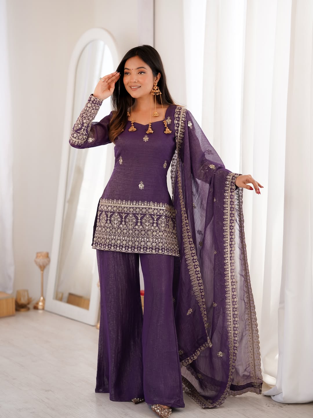 Purple Crunchy Silk Embroidered Kurta Palazzo Set