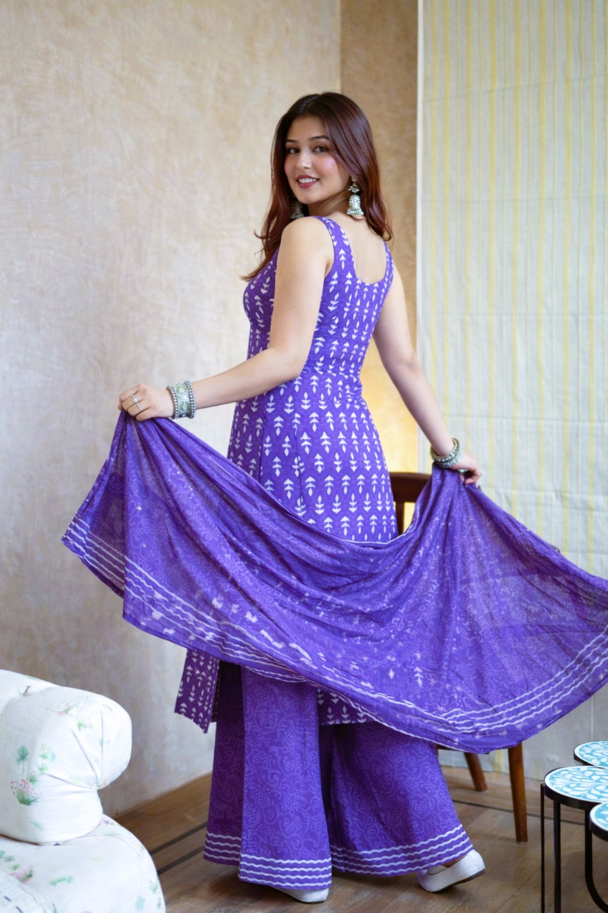 Women's Purple Block-Print Sleeveless Kurta Sharara Set with Dupatta.