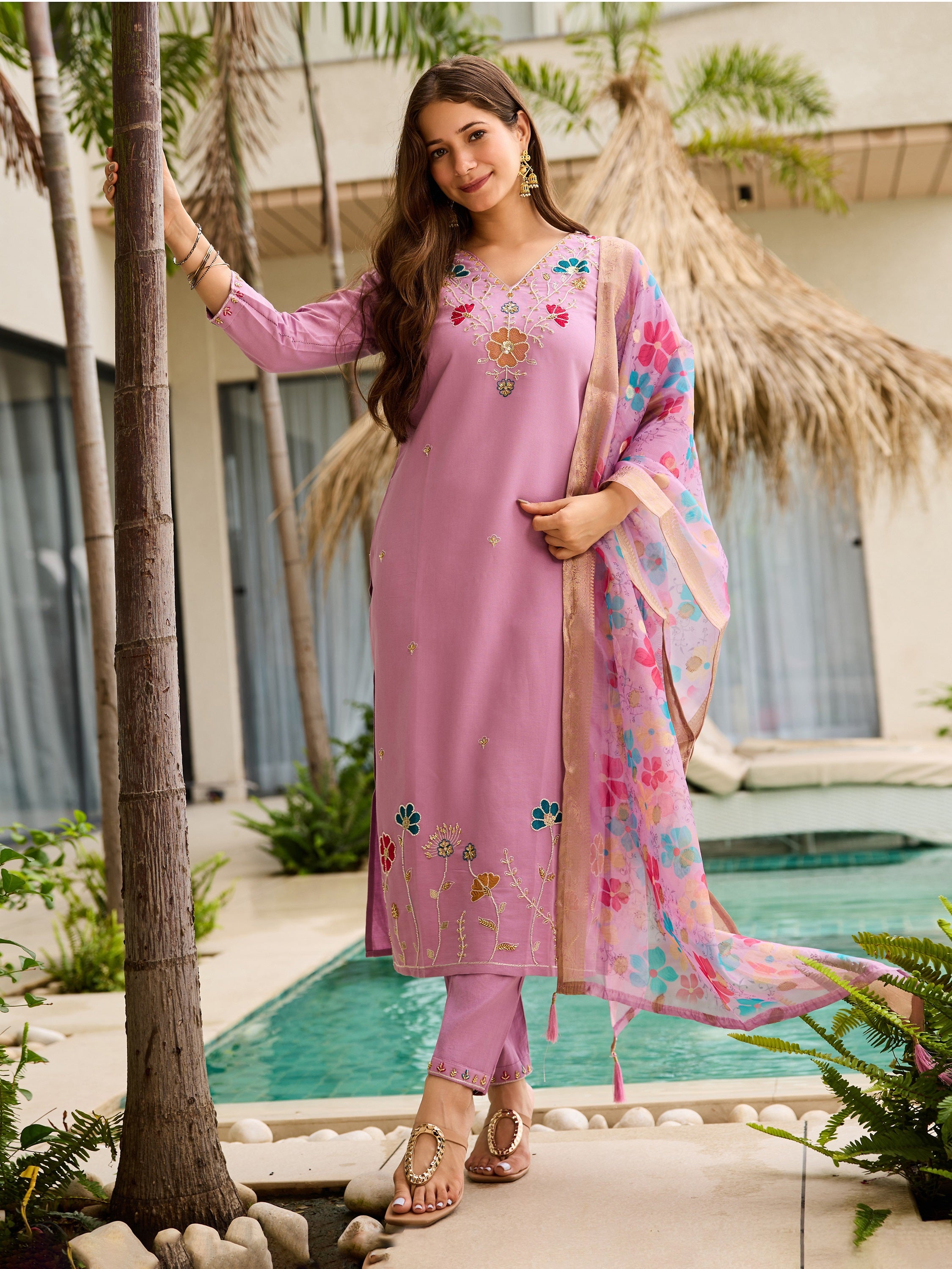 Light Purple Silk Blend Embroidery Kurta Suit Set