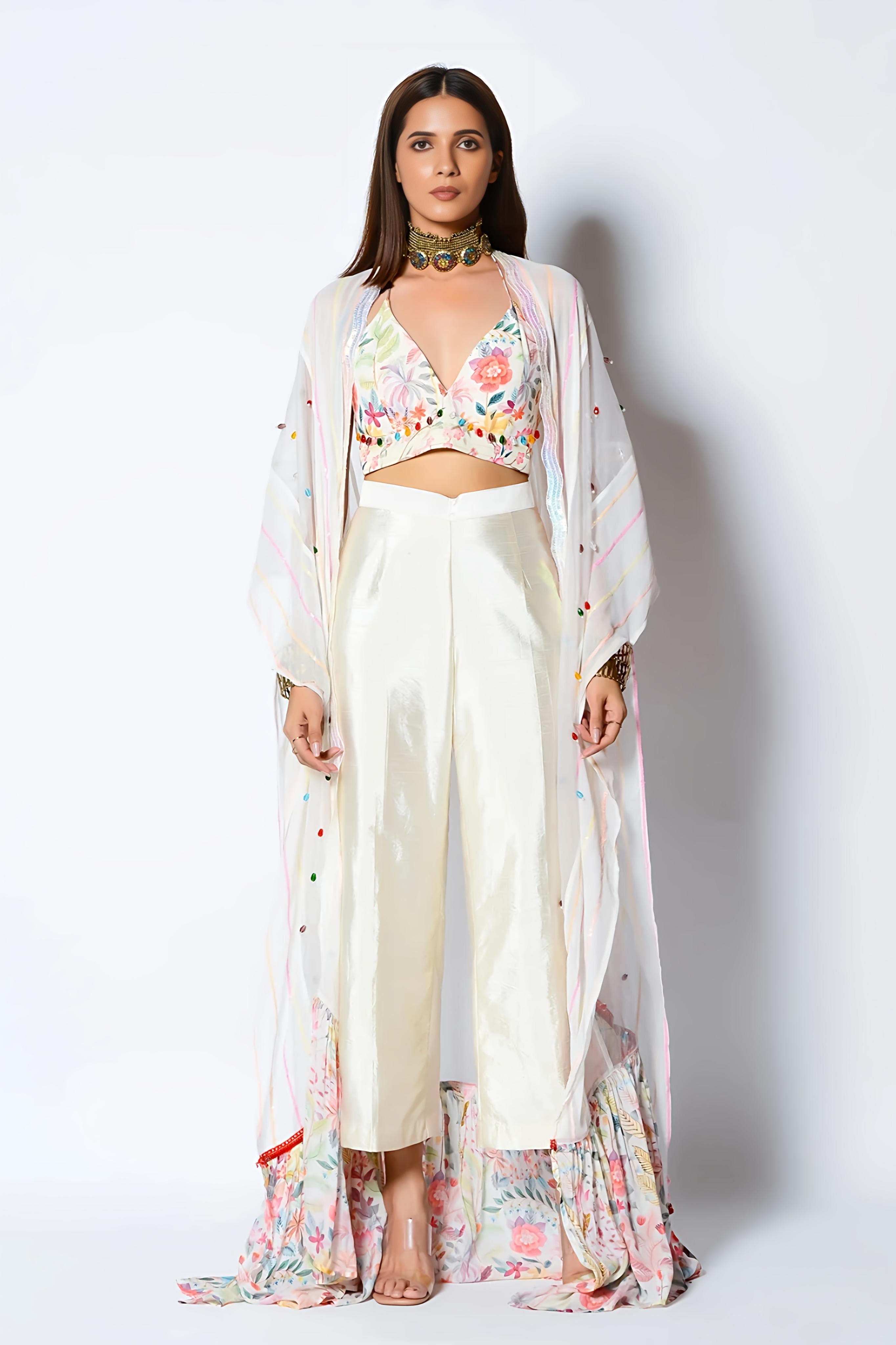 White Dupion Pant Set With Cape