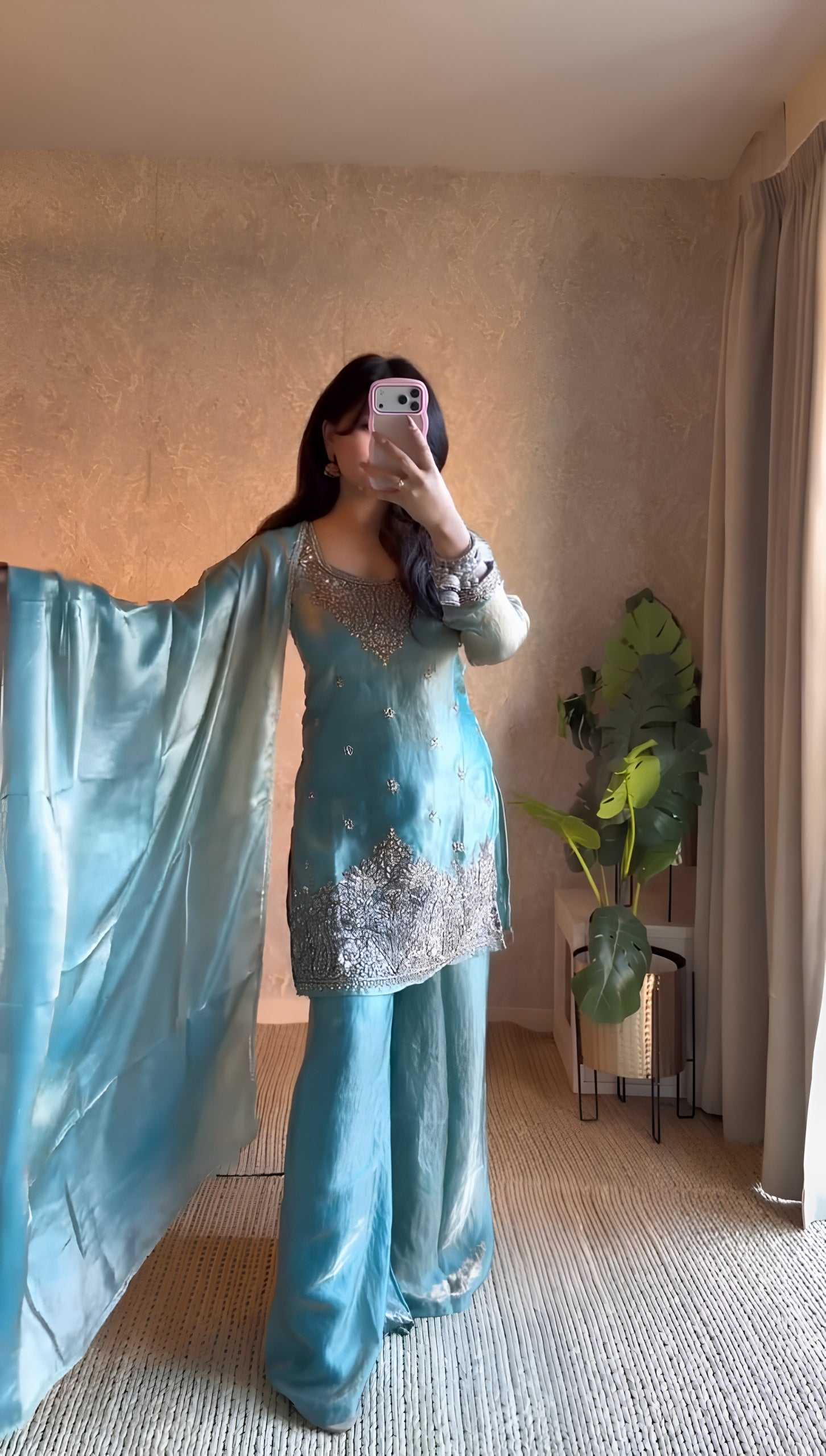 Plush Sky Blue Fendy Silk Embroidered Kurti Palazzo Set