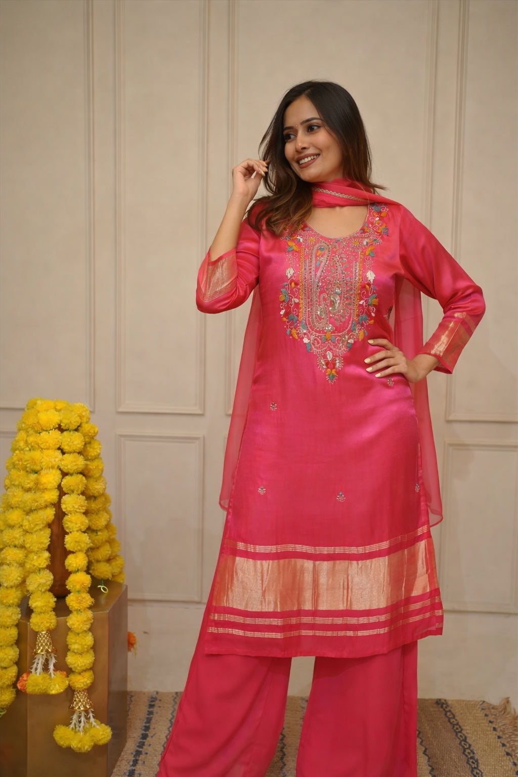 Zaierra Pink Embroidered Viscose Kurta Set with Pant and Dupatta