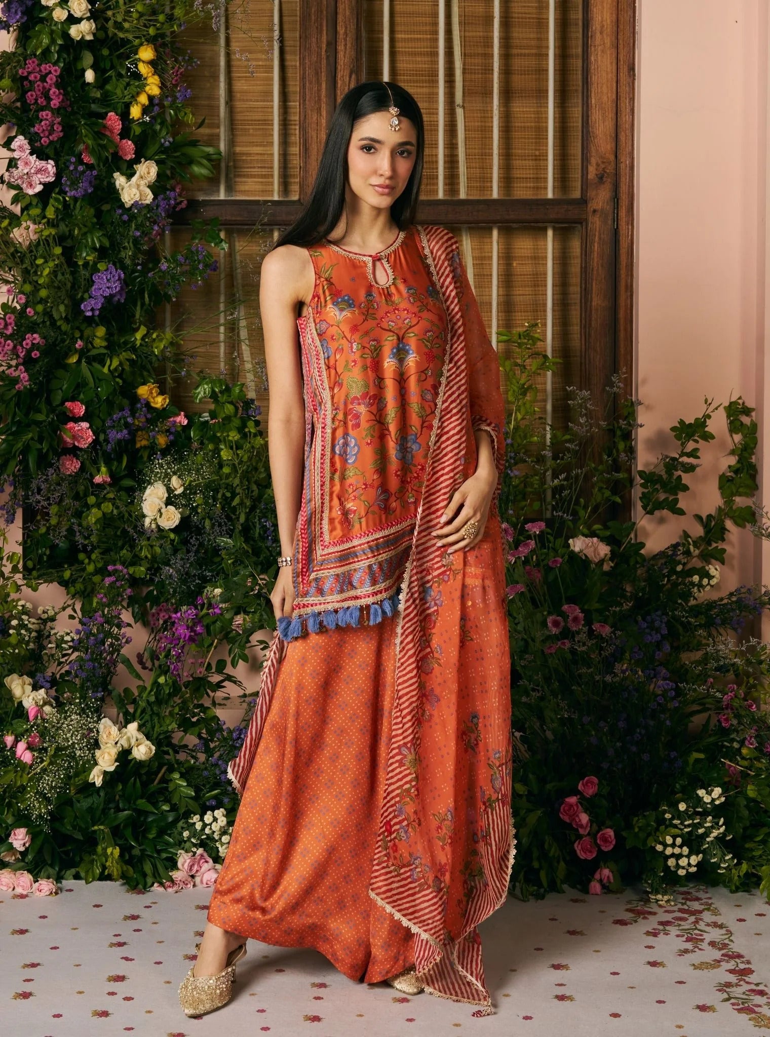 Taali Satin Printed Orange Kurta Set With Dupatta