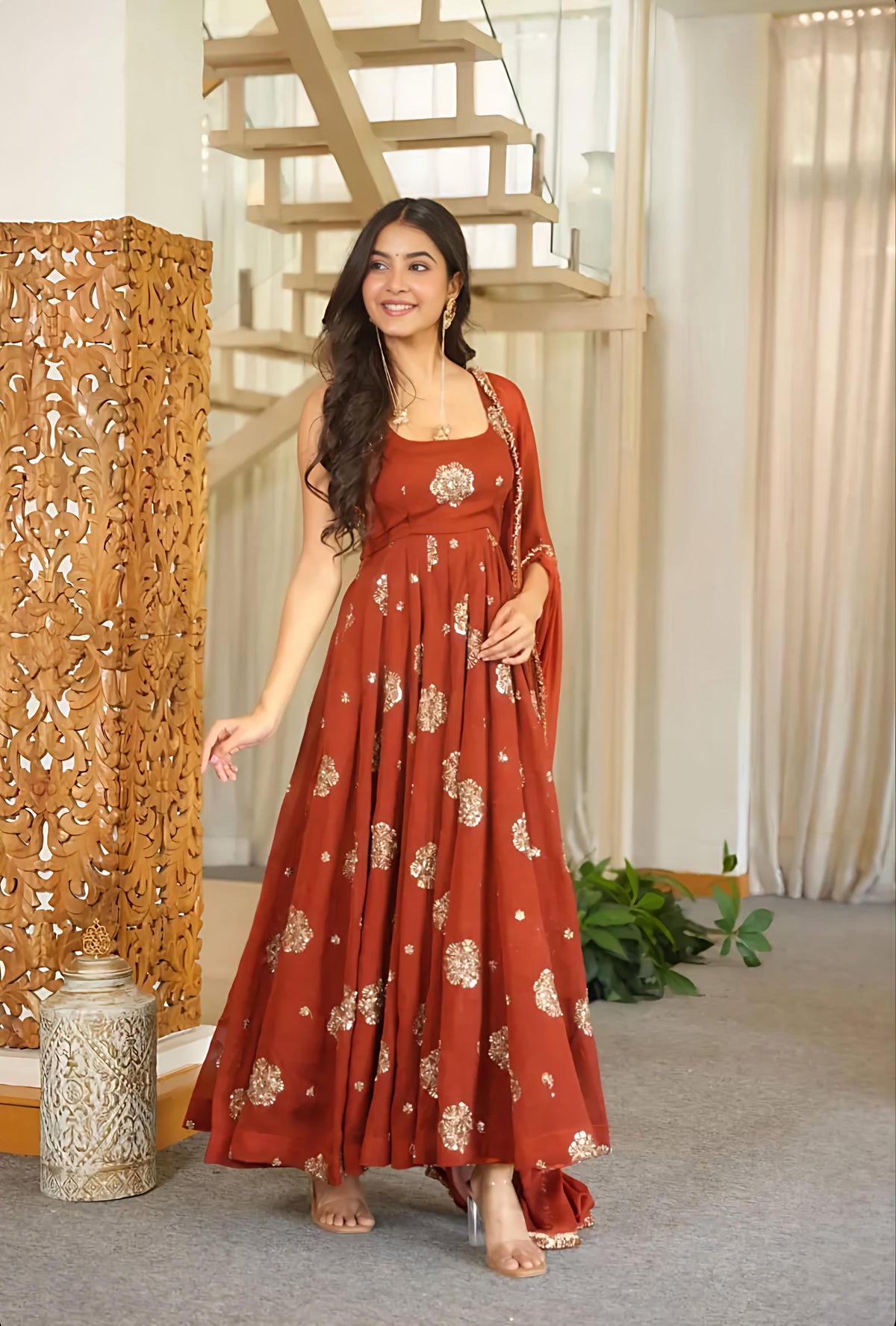 Aarohi Rust Silk Anarkali Set