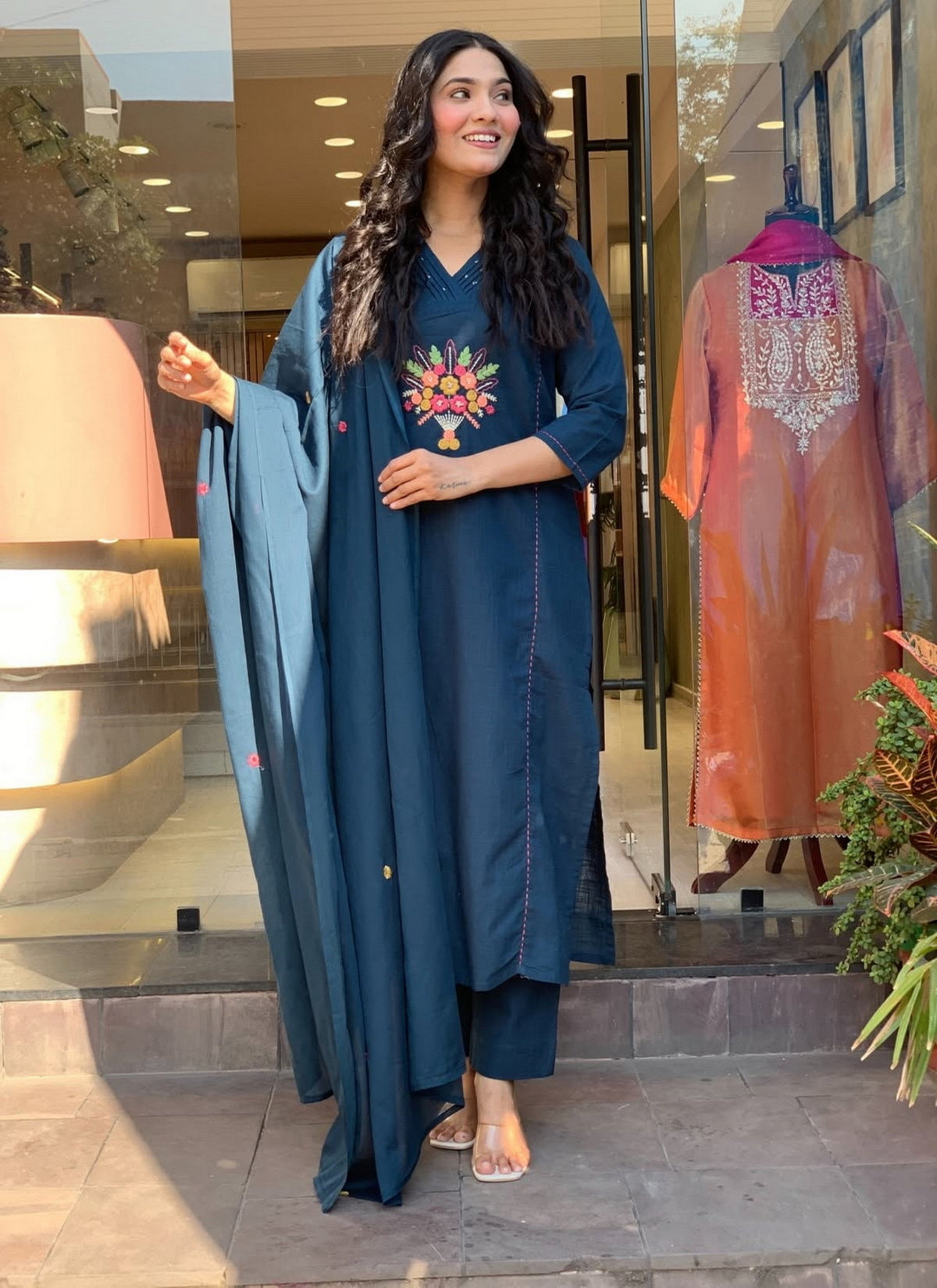 Blue Embroidered Cotton Flex Kurta and Pant Set with Dupatta