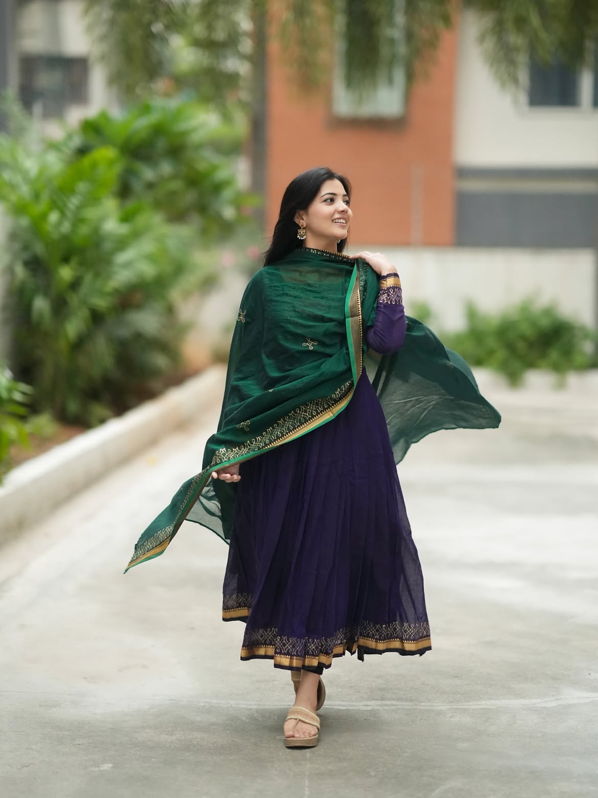 Deep Blue Emerald Green Flared Anarkali Suit Set