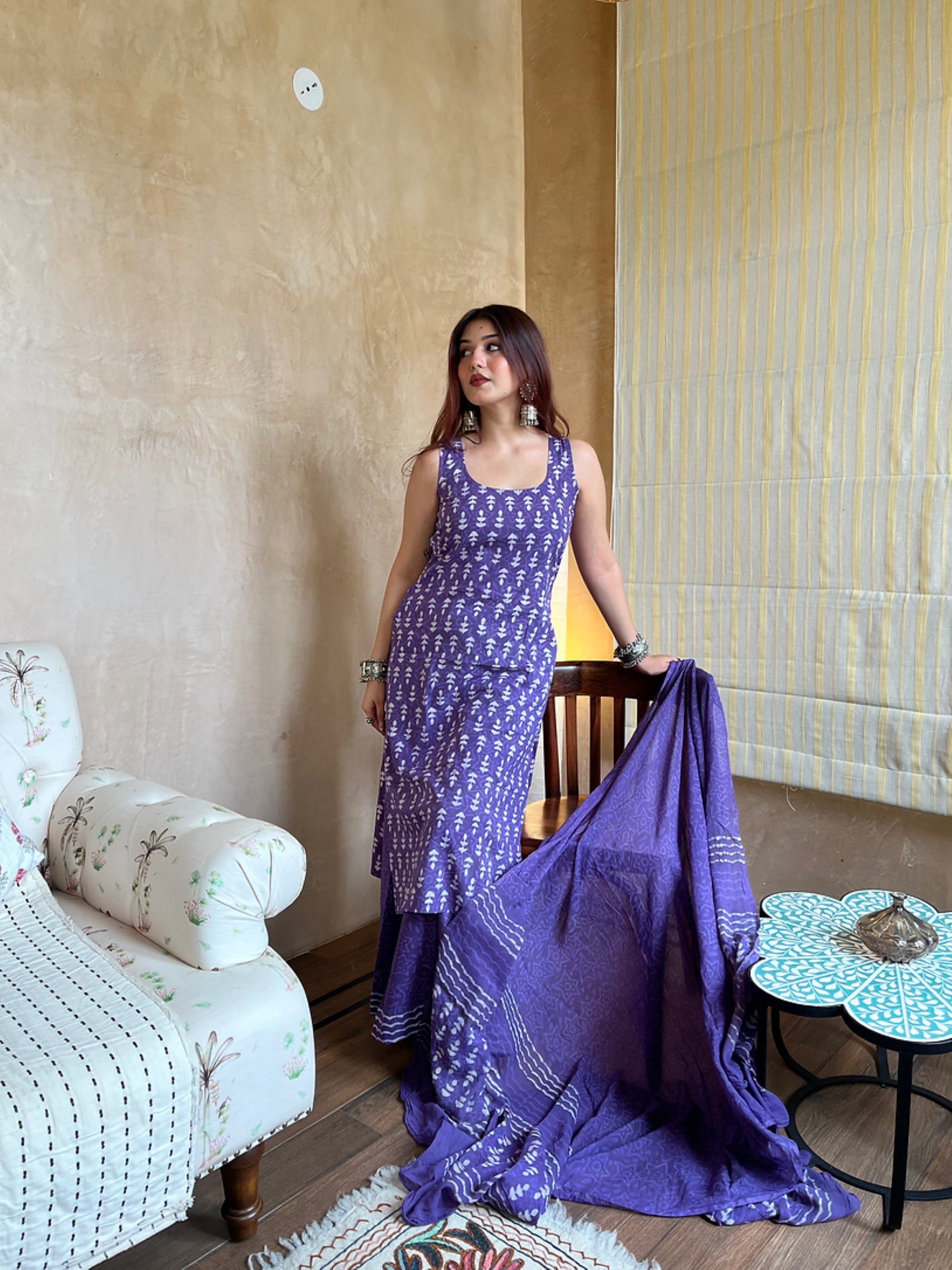Women's Purple Block-Print Sleeveless Kurta Sharara Set with Dupatta.