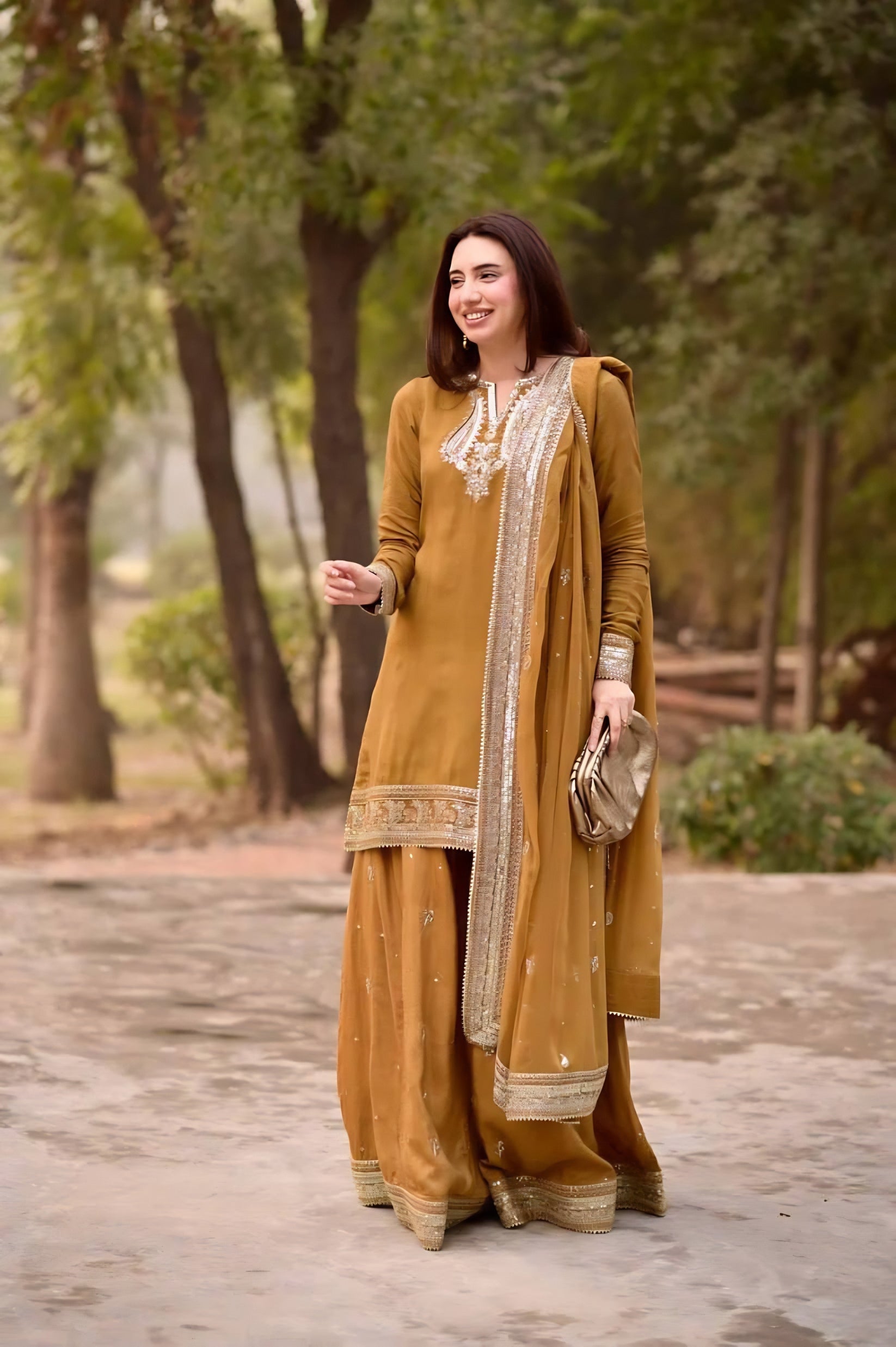 Mustard Yellow Mul Chanderi Palazzo Suit Set