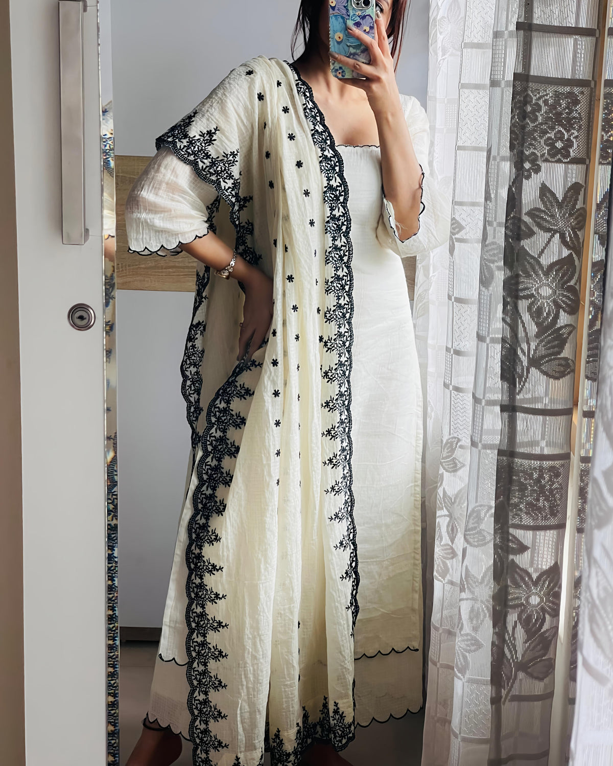 Beige Kota Check Cotton Suit Set