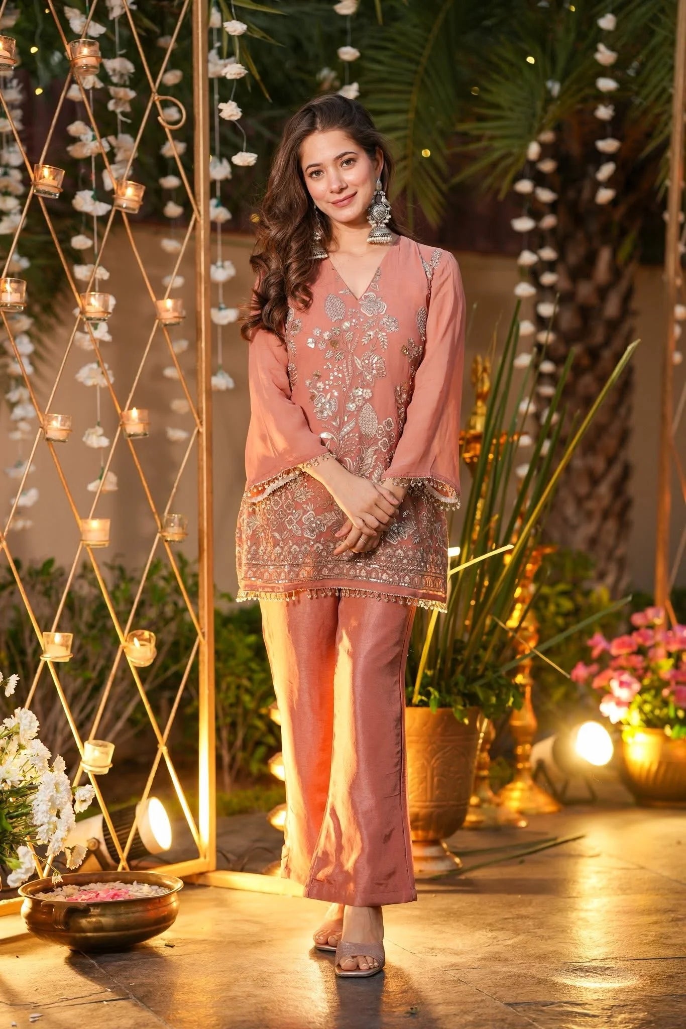 Crunchy Silk Embroidered Kurta Pant Set.