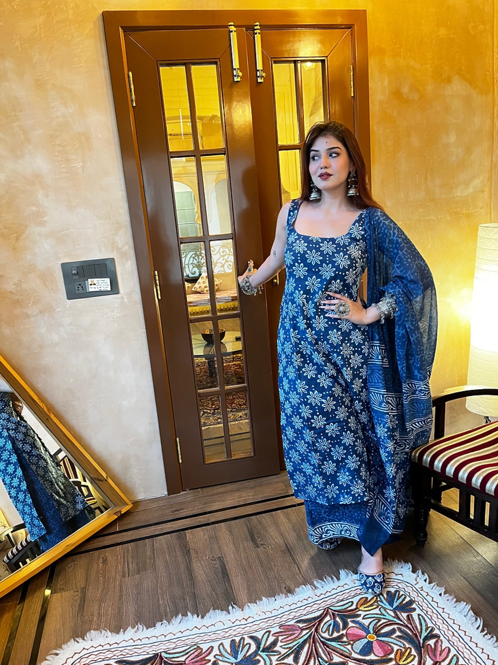 Women's Indigo Blue Floral Block-Print Sleeveless Kurta Palazzo Set with Dupatta
