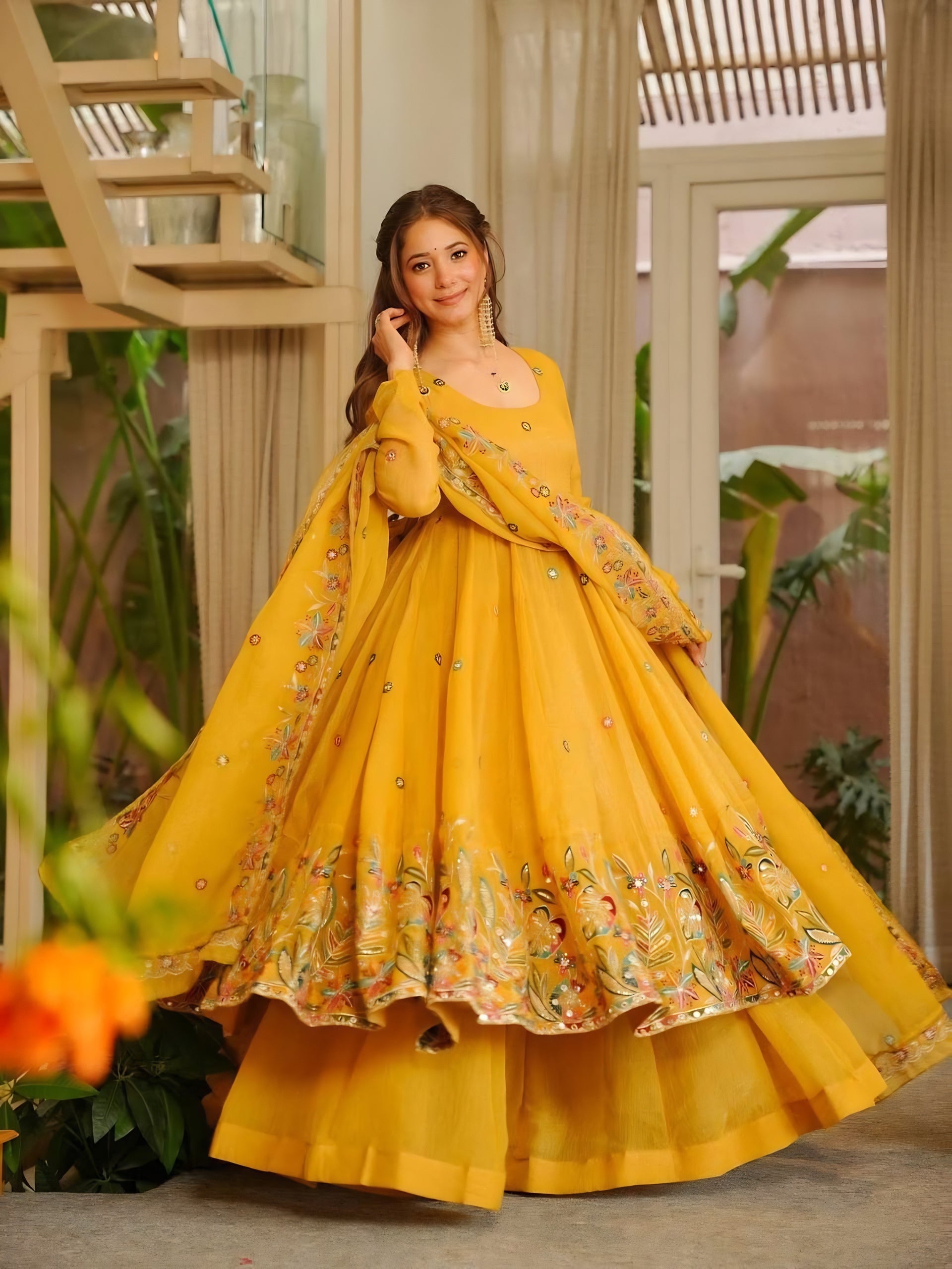 Yellow Embroidered Crunchy Silk Anarkali Suit Set