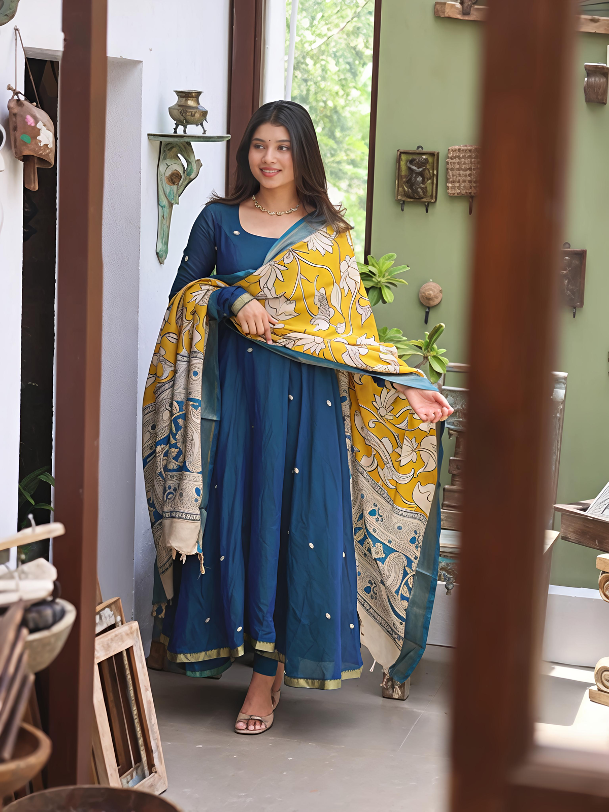 Narayanpet Anarkali Peacock Blue Kalamkari
