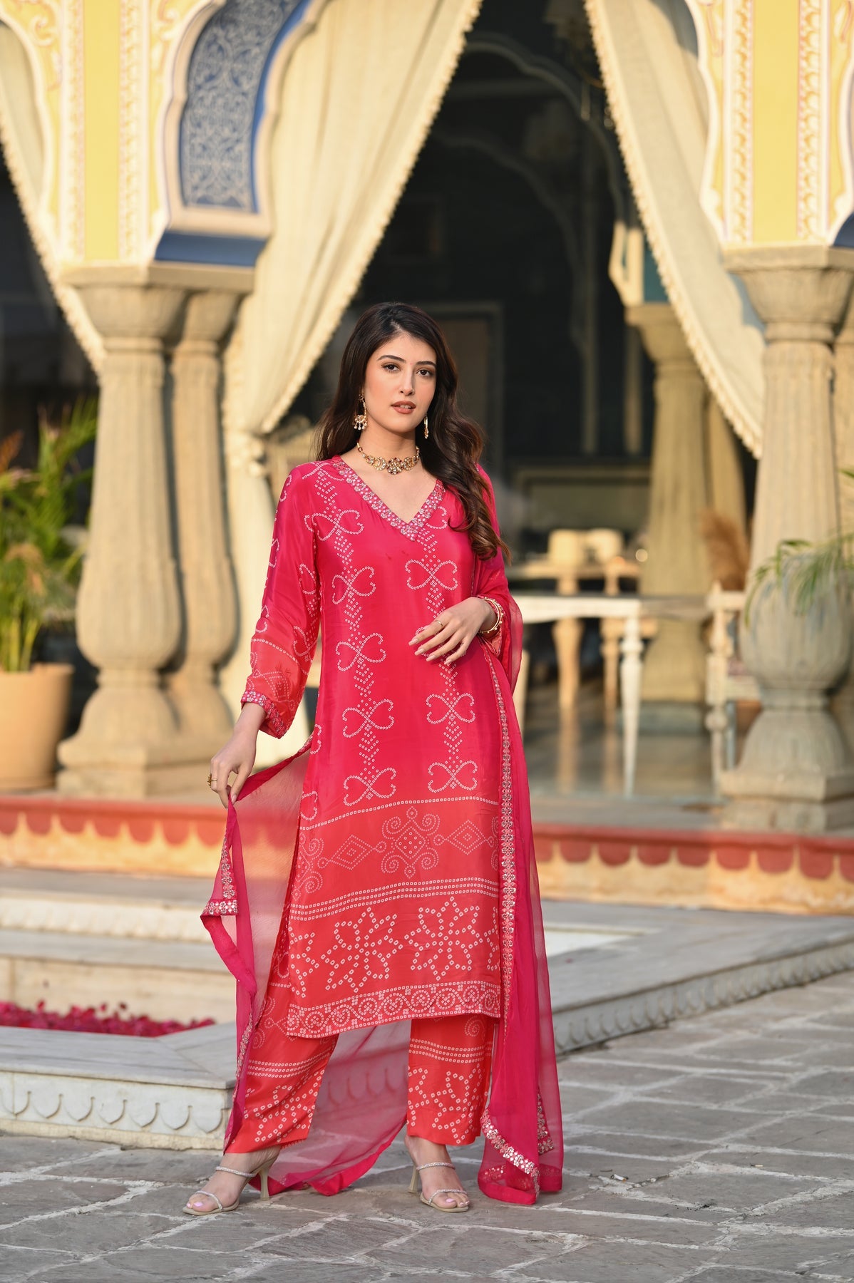 Pink Printed Chinon Bandhani Suit Set