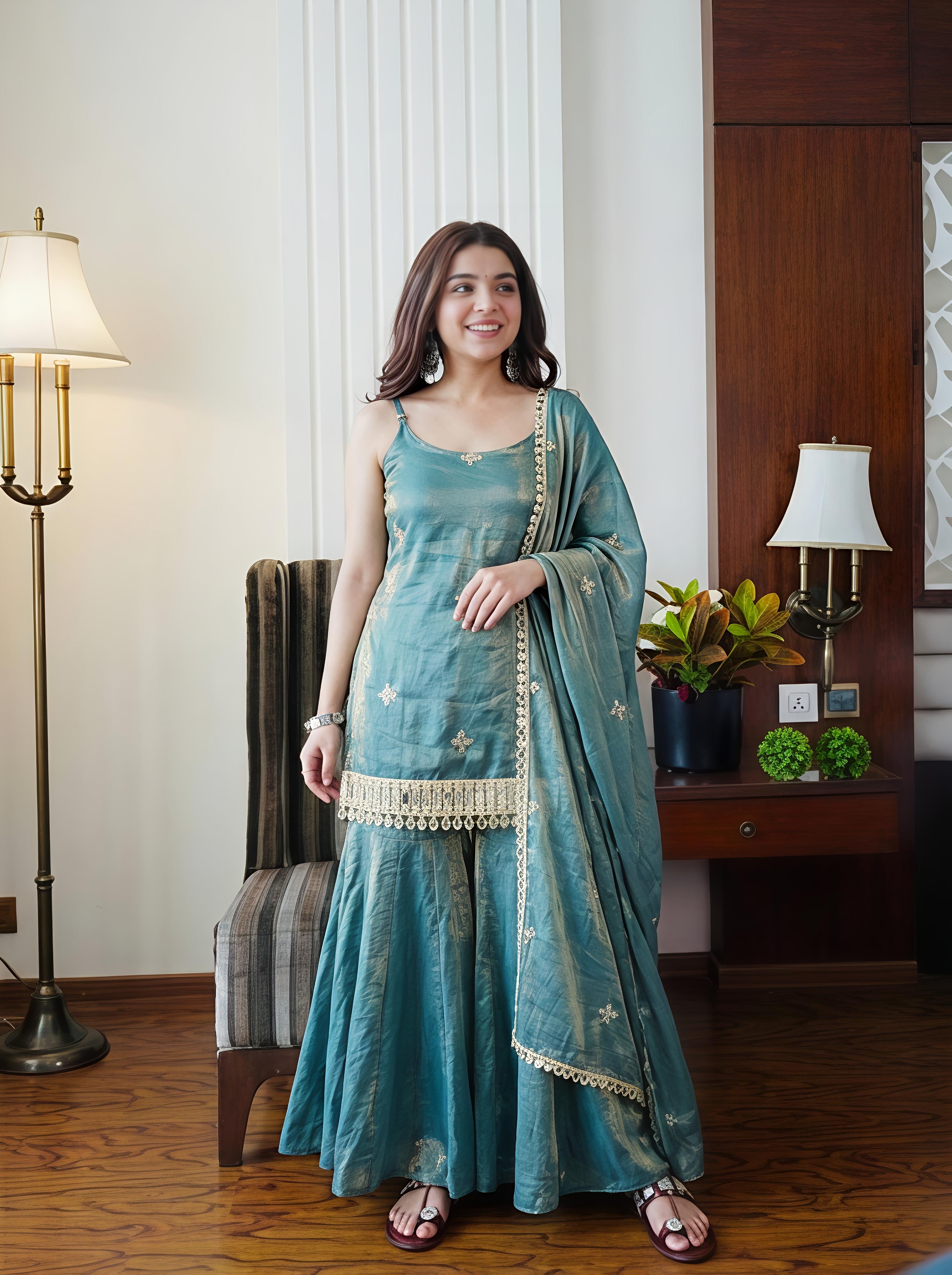 Sea Green Simmer Silk Embroidery Palazo Kurti With Dupatta