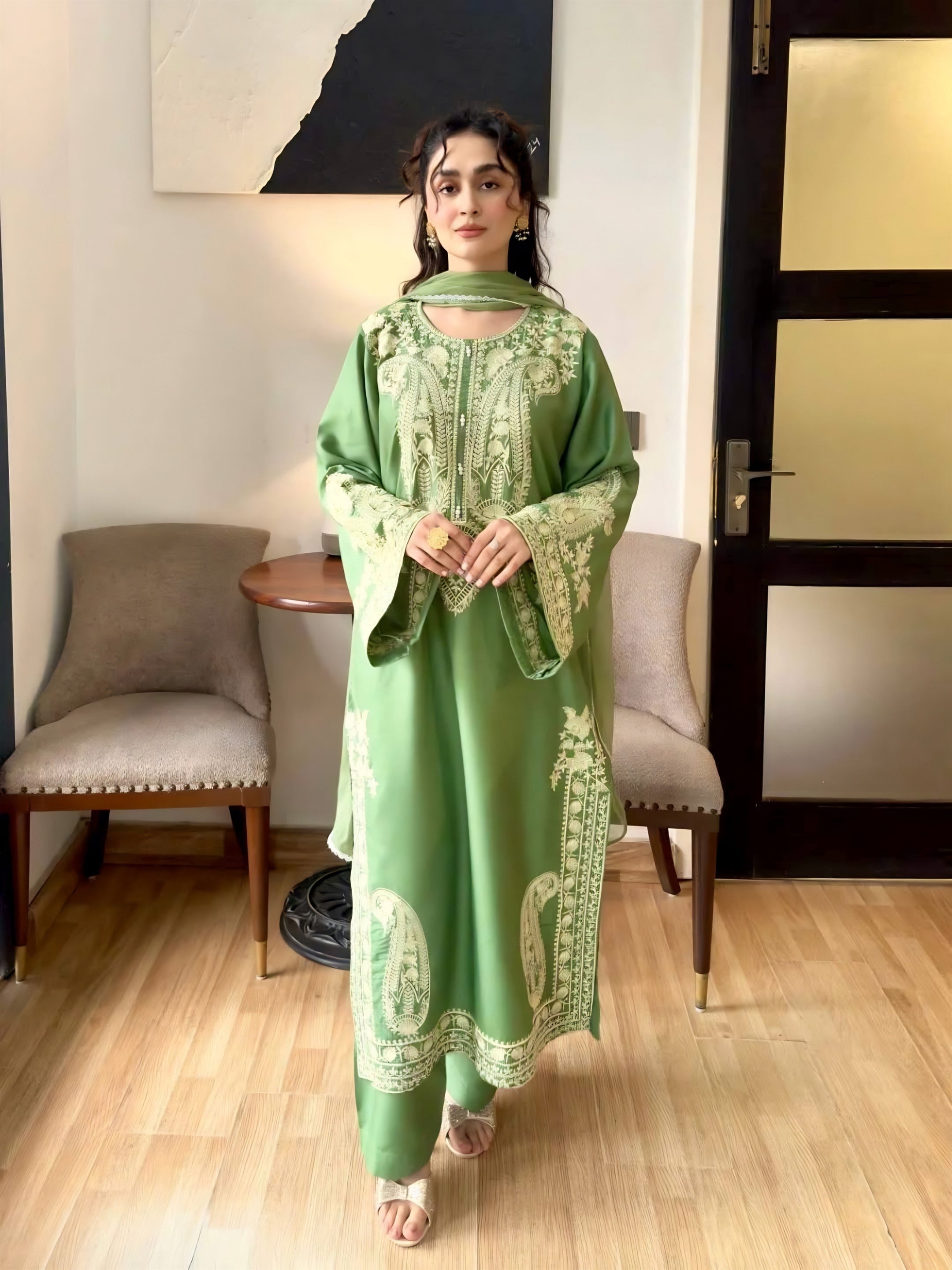 Sage Green Embroidered Suit Set