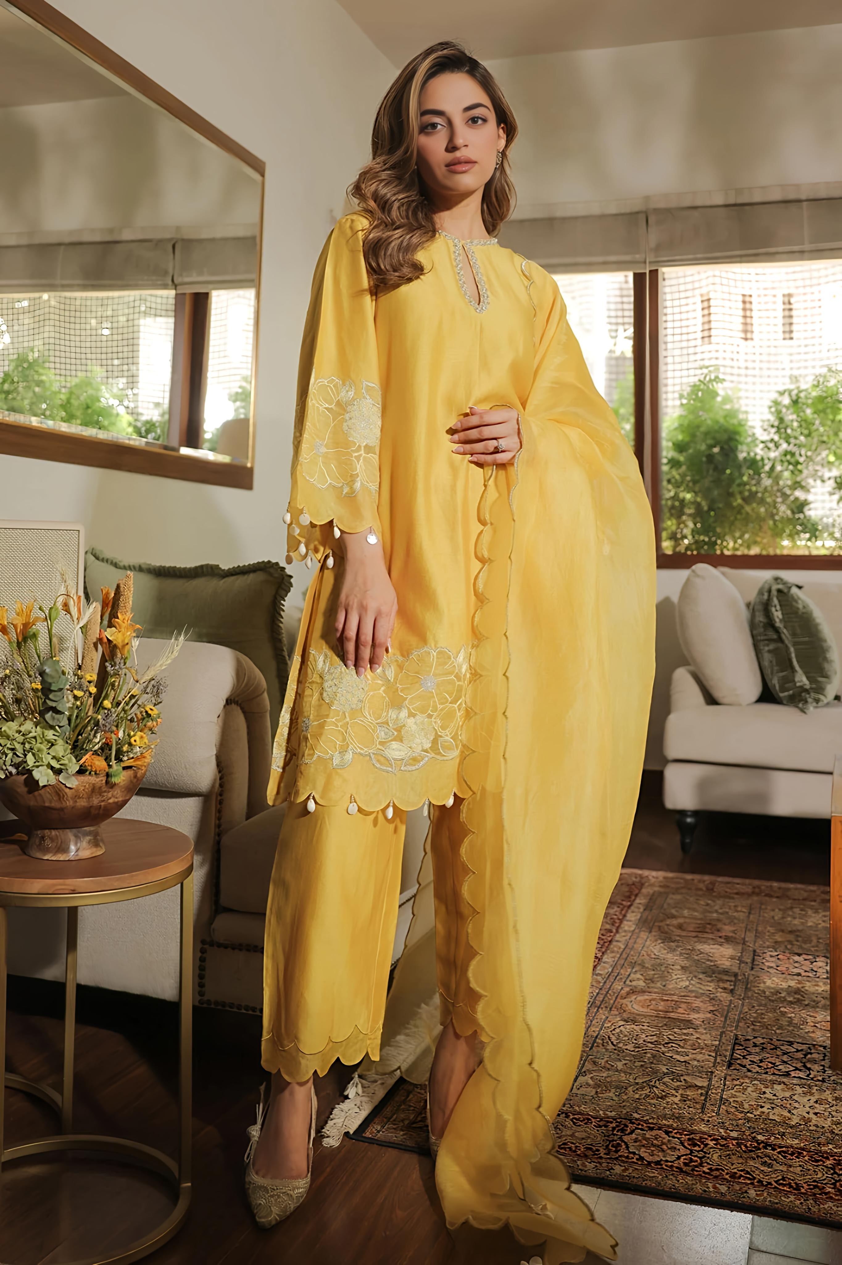 Mustard Yellow Embroidered Kurta Set
