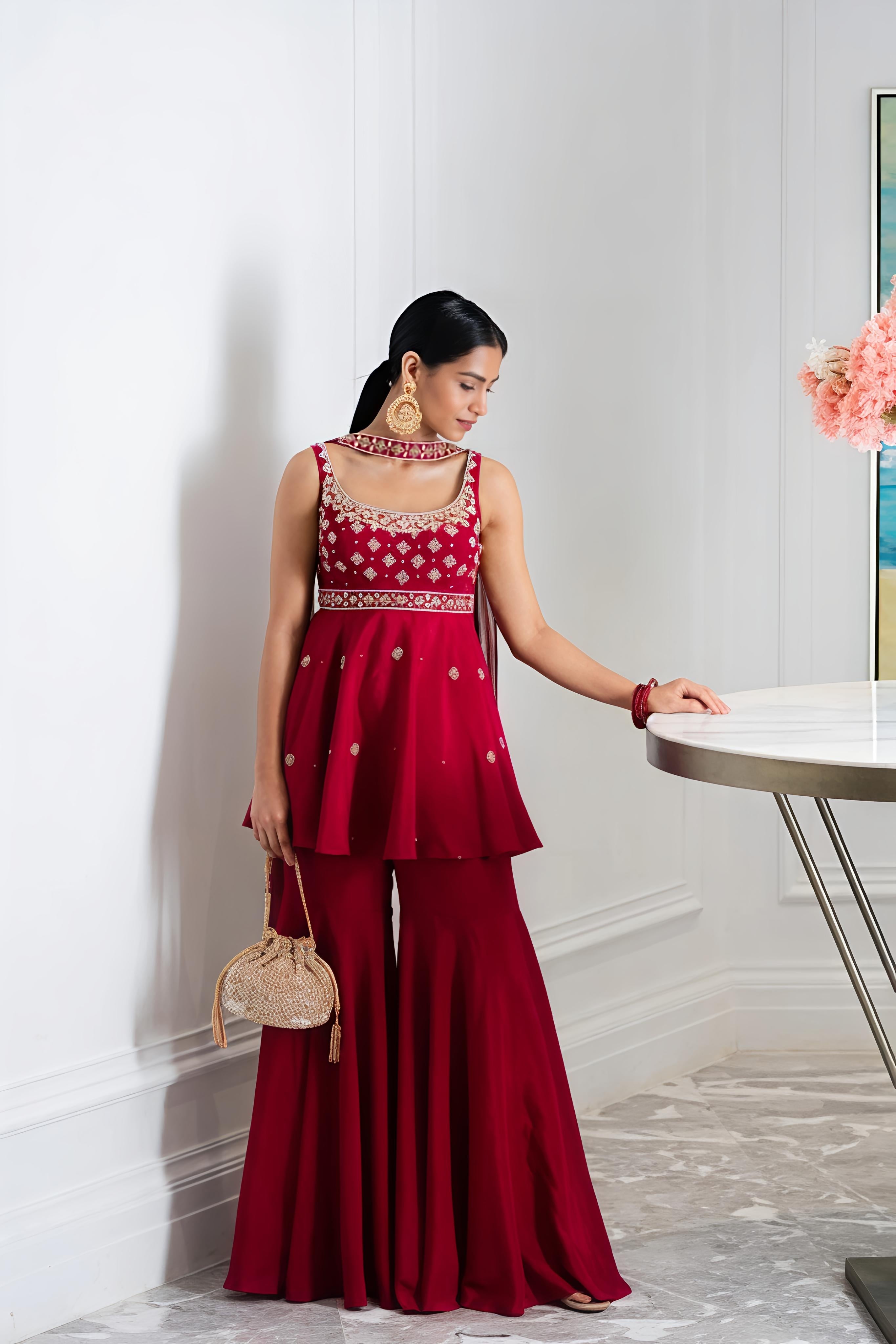 Maroon Embroidered Sharara Set