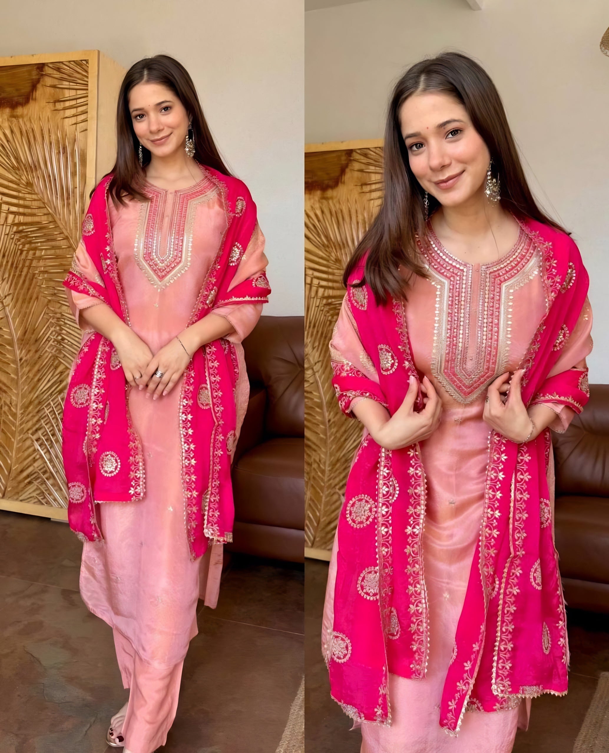 Pink Premium Fendy Silk Embroidered Suit Set