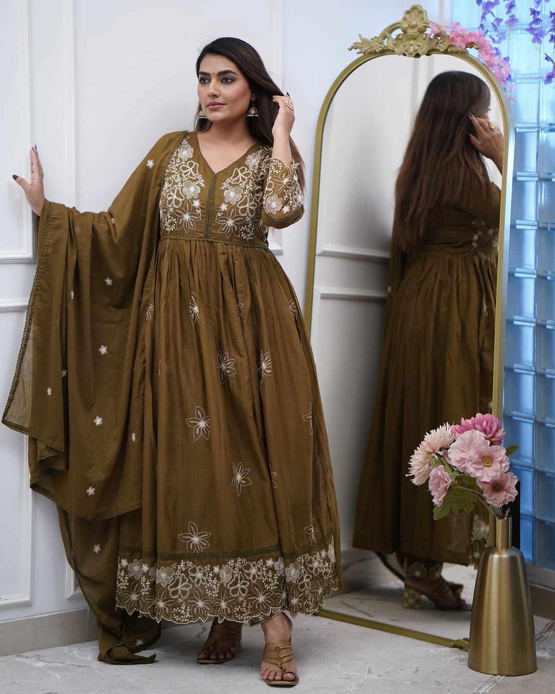 Olive Green Cotton Silk Floral Embroidered Anarkali Gown Set