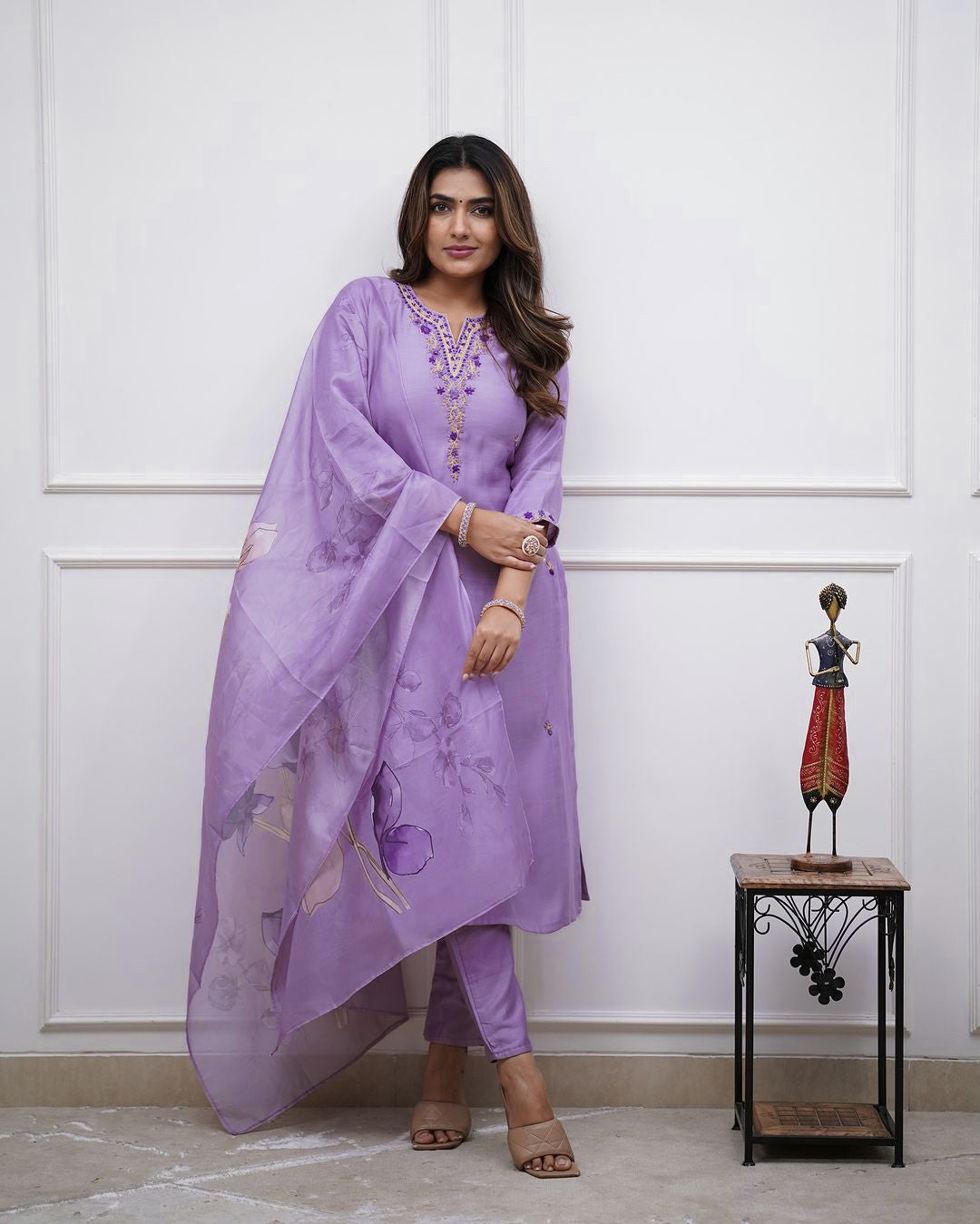 Lavender Embroidered Straight Kurta Pants Set