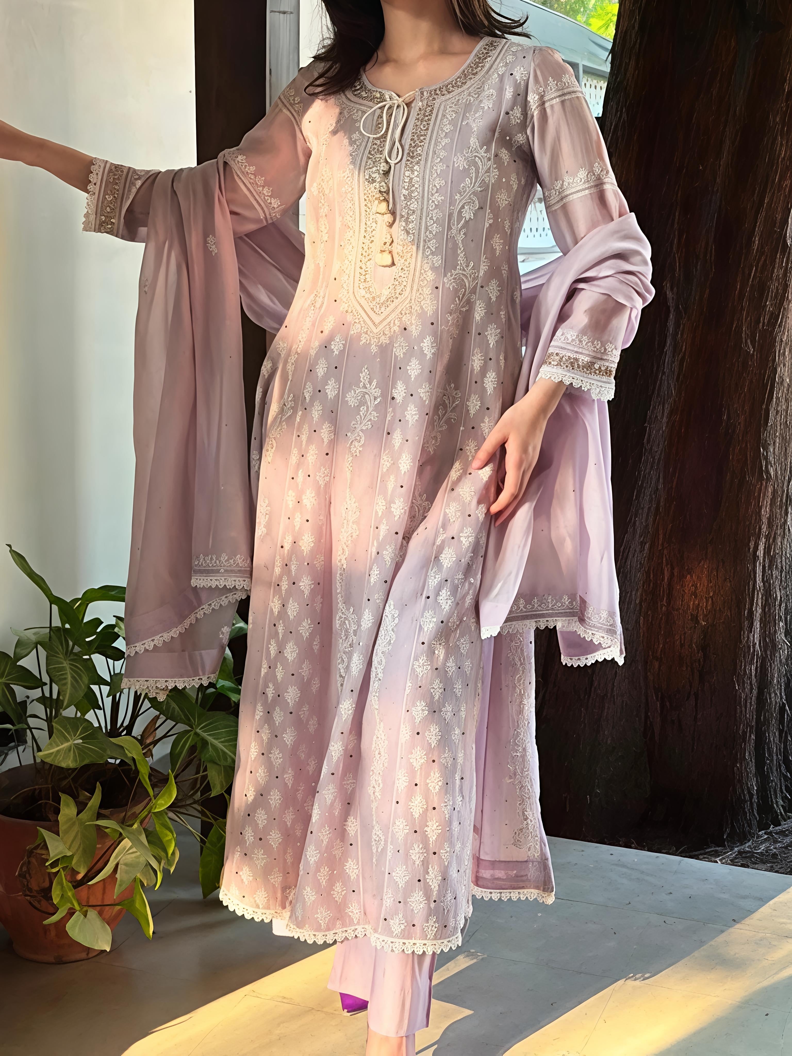Lavender Mal Chikankari Suit Set