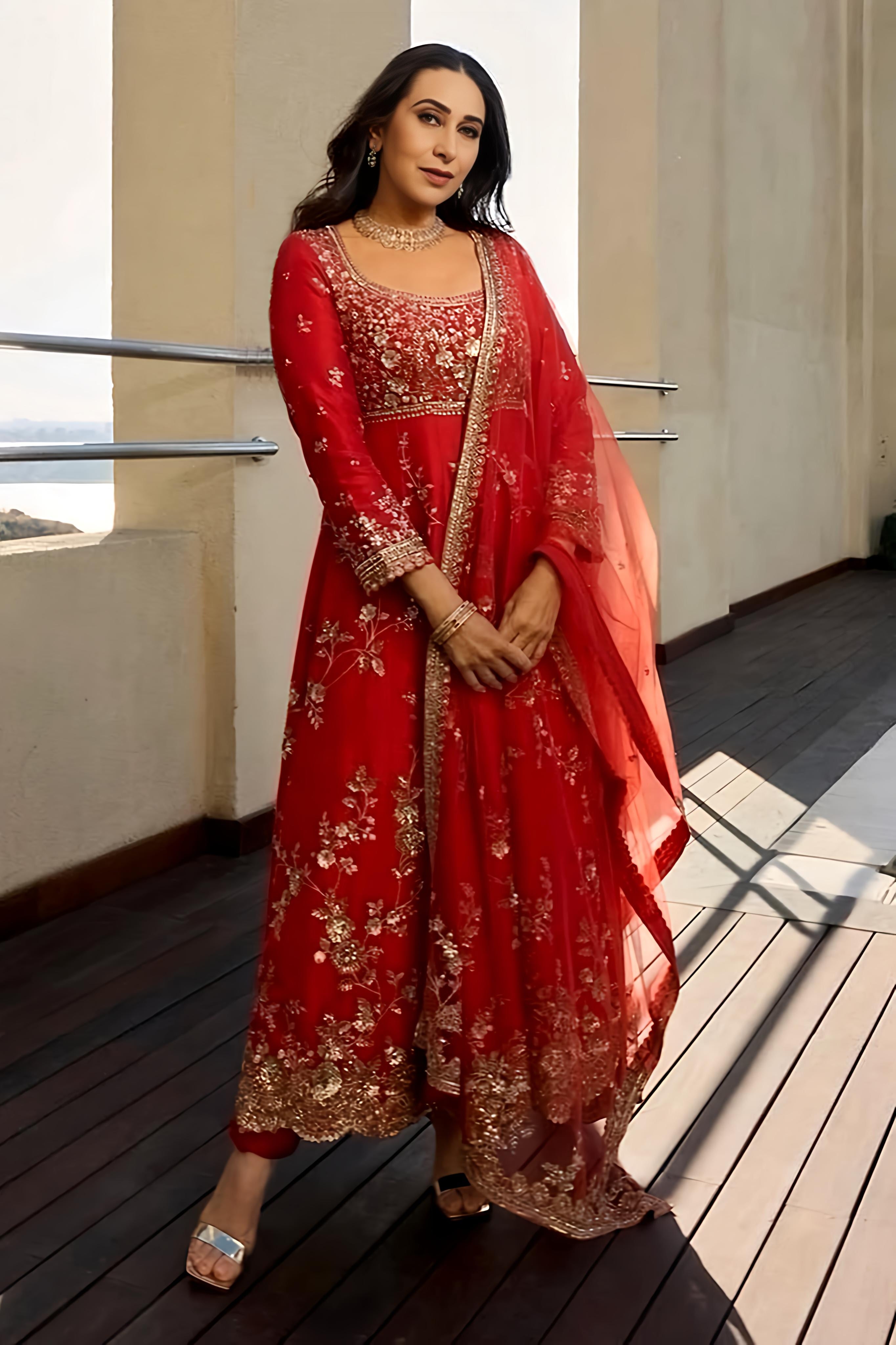 Faux Georgette Embroidery Round Neck Floral Anarkali Set