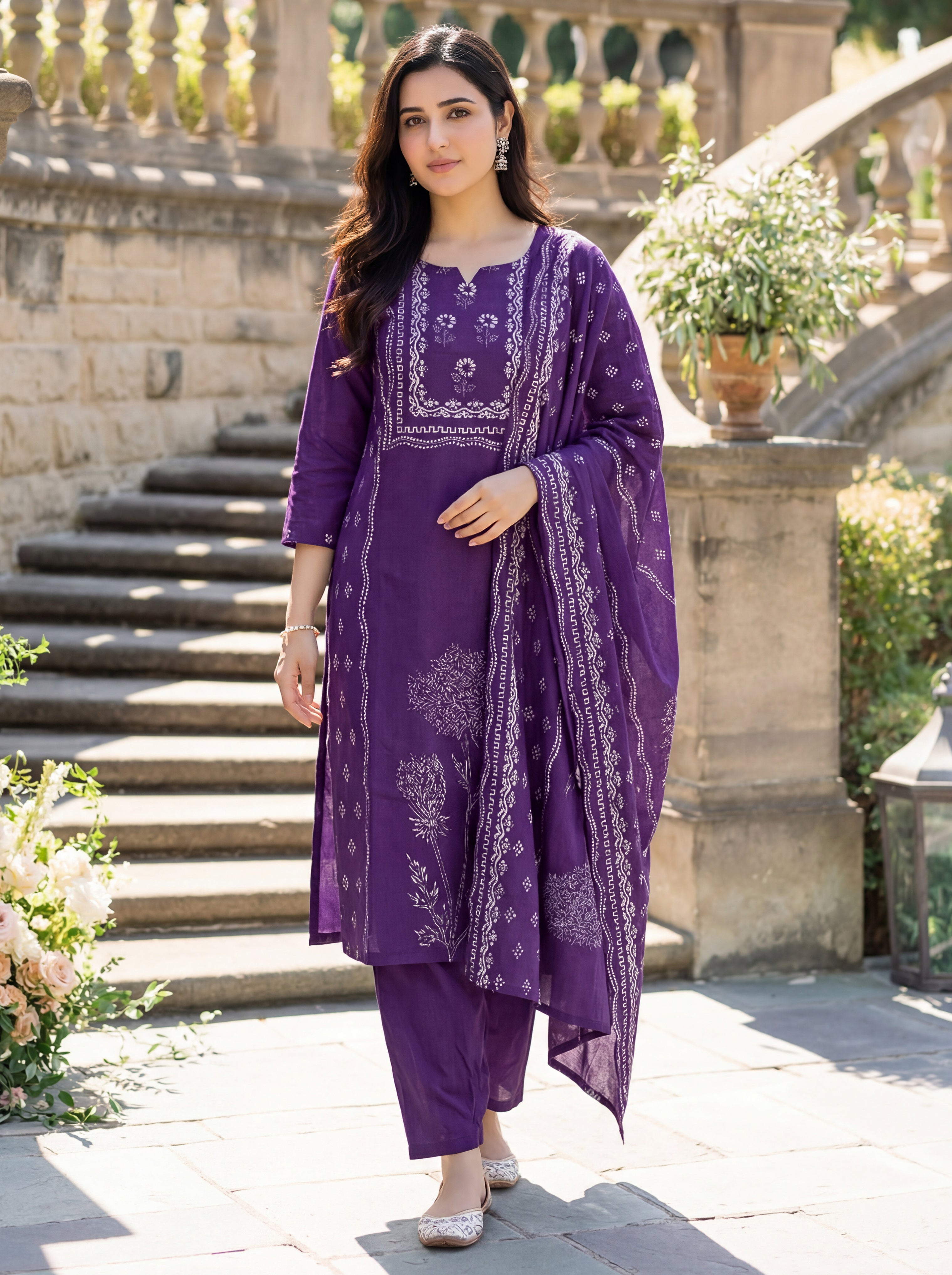 Purple Muslin Kurta Set with Traditional Print