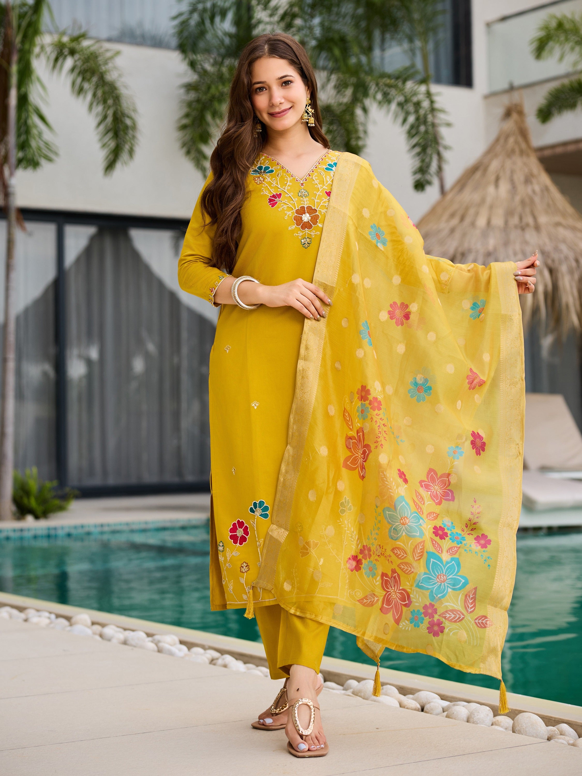 Mustard Viscose Gadhwal Kurta Set