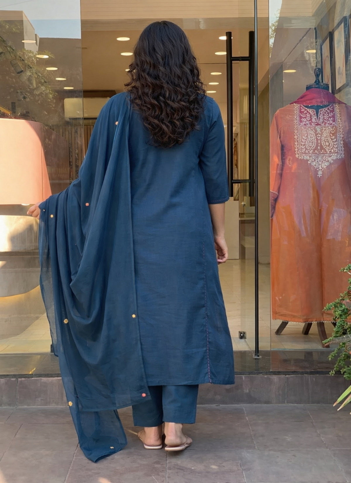 Blue Embroidered Cotton Flex Kurta and Pant Set with Dupatta
