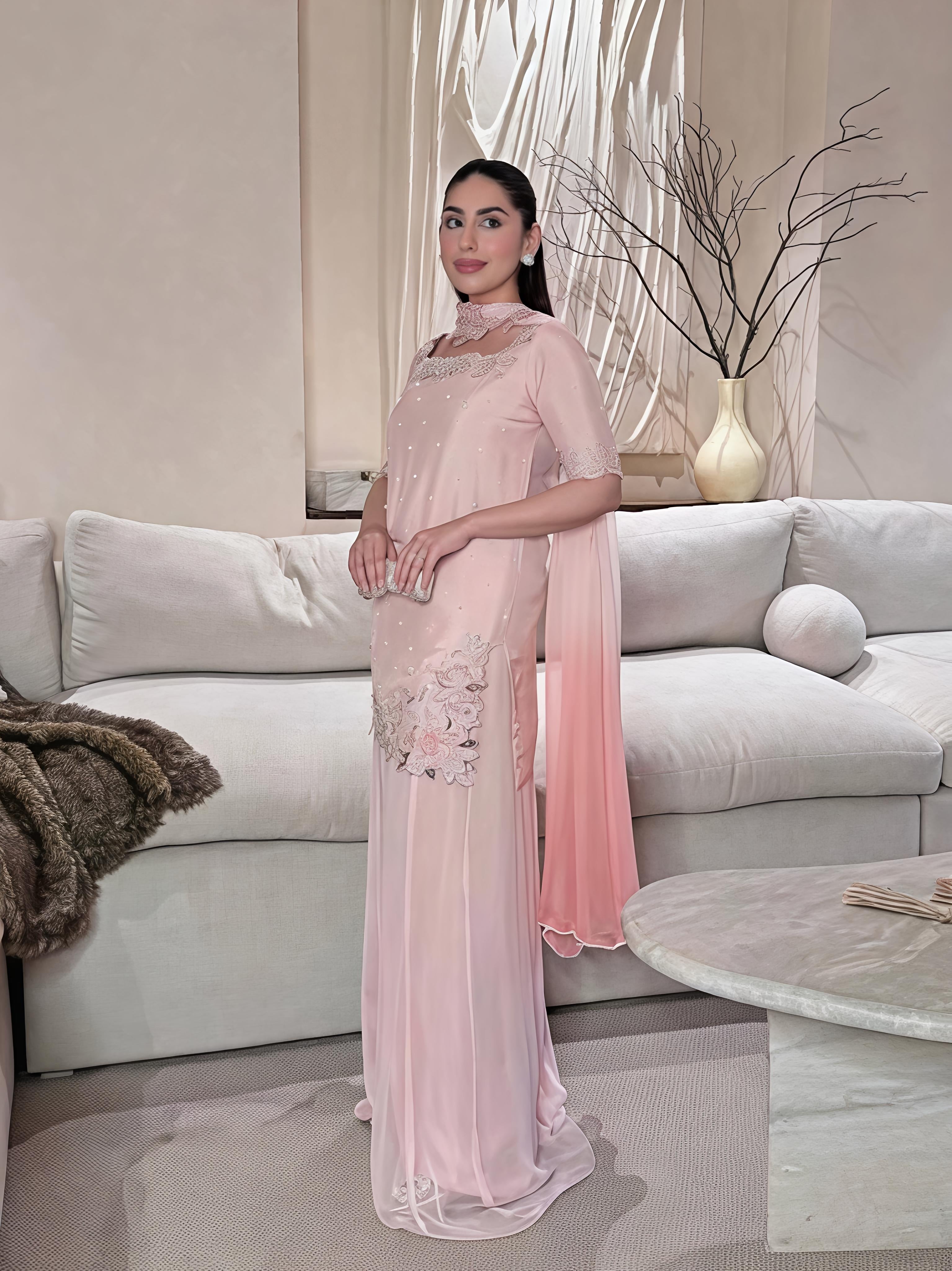 Embroidered Pink Roman Glass Silk Kurti Palazzo Set