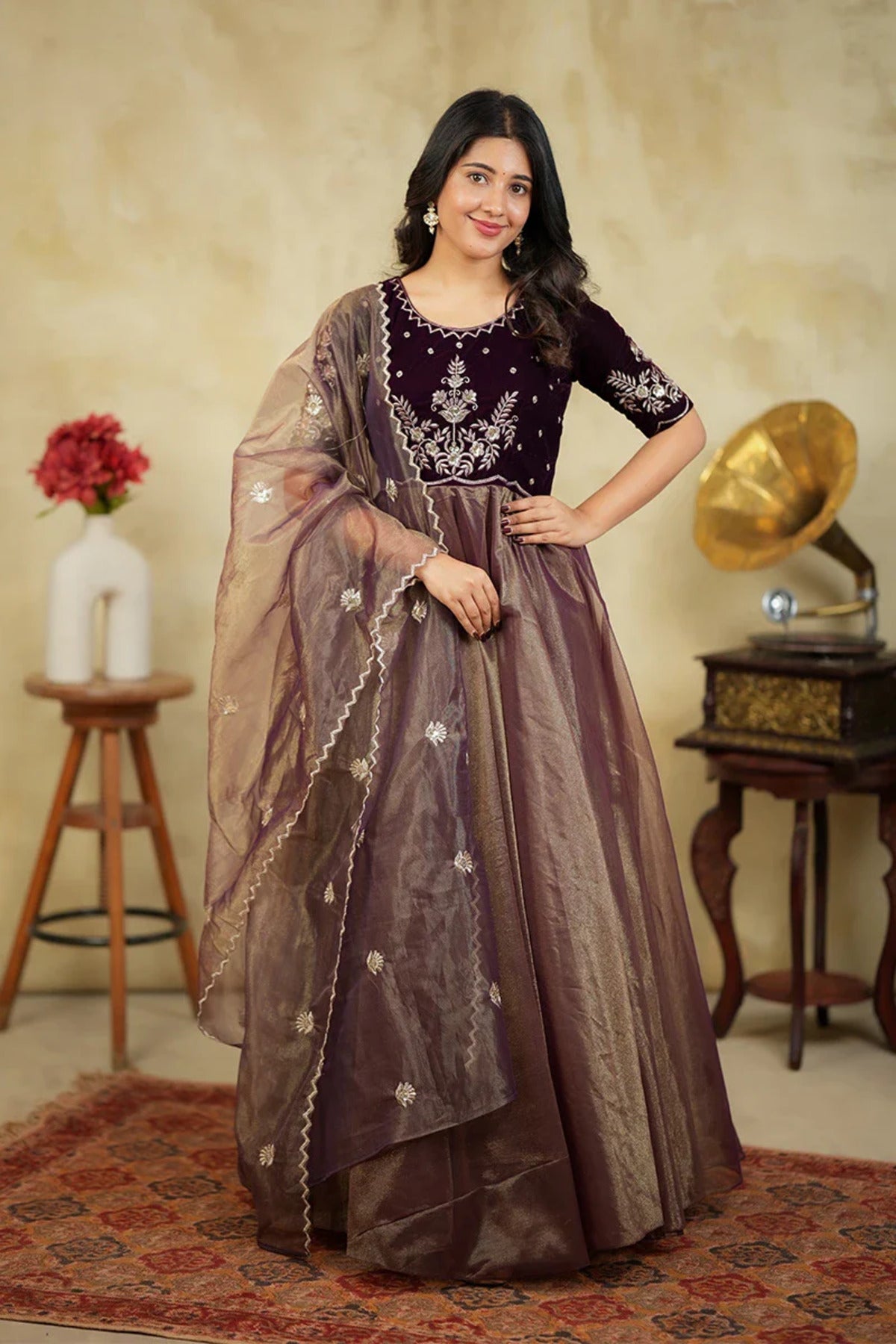 Embroidered Velvet Anarkali Gown with Dupatta