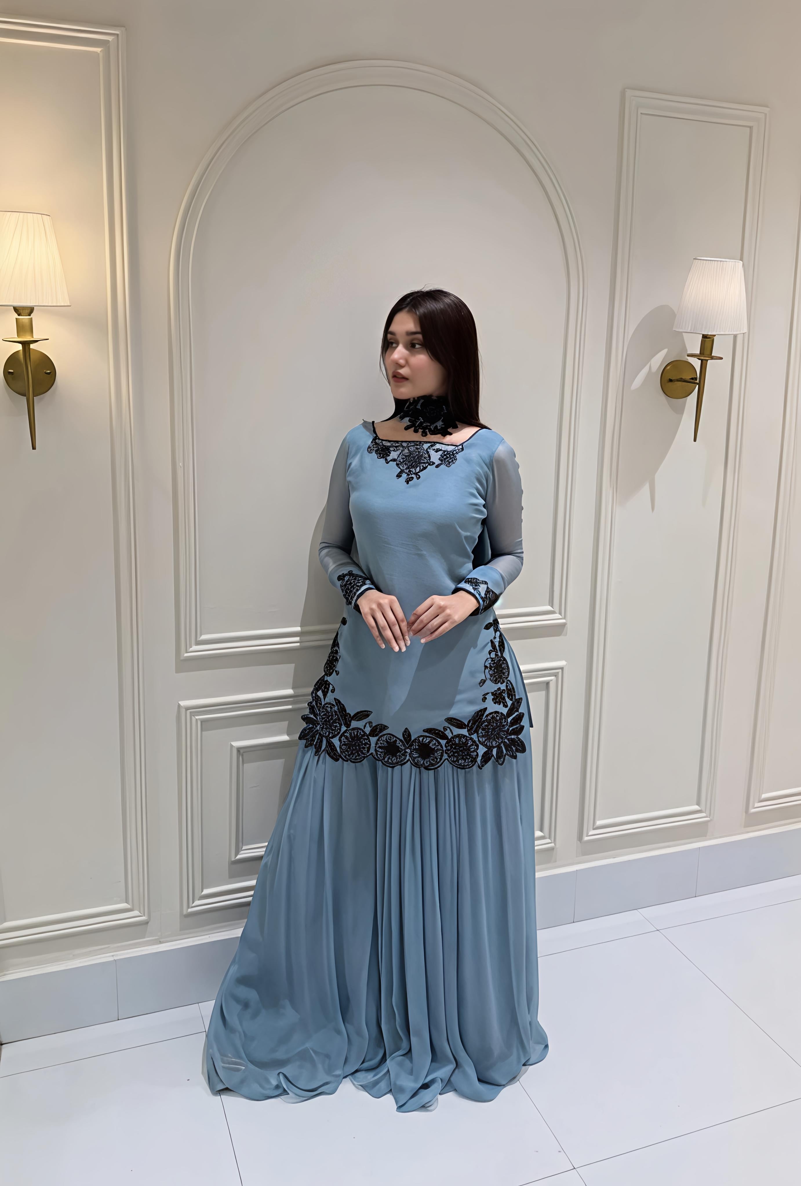 SOLID BLUE KURTA SHARARA SET