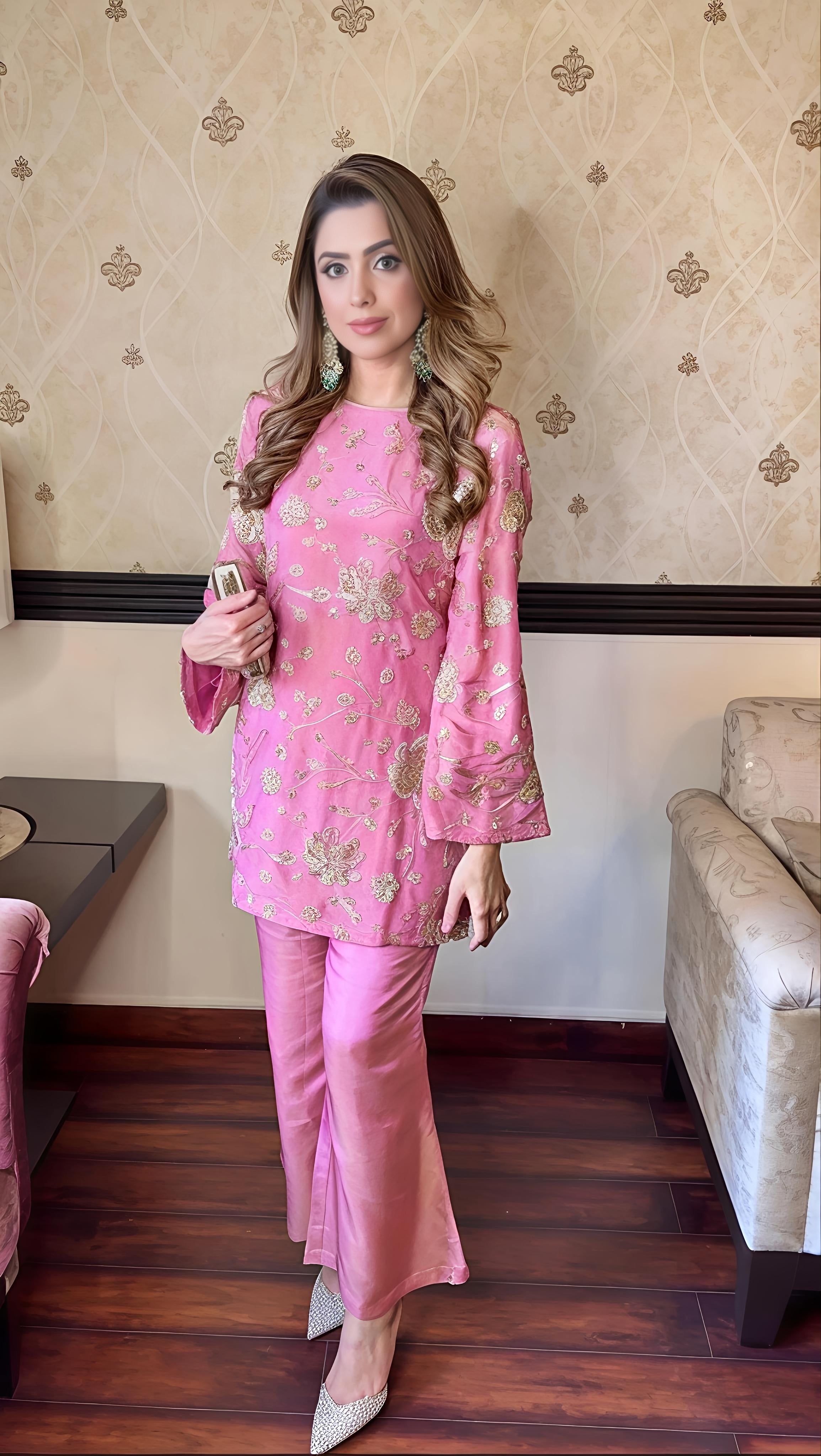 Rose Pink Viscose Tissue Beadwork Co-ord Set