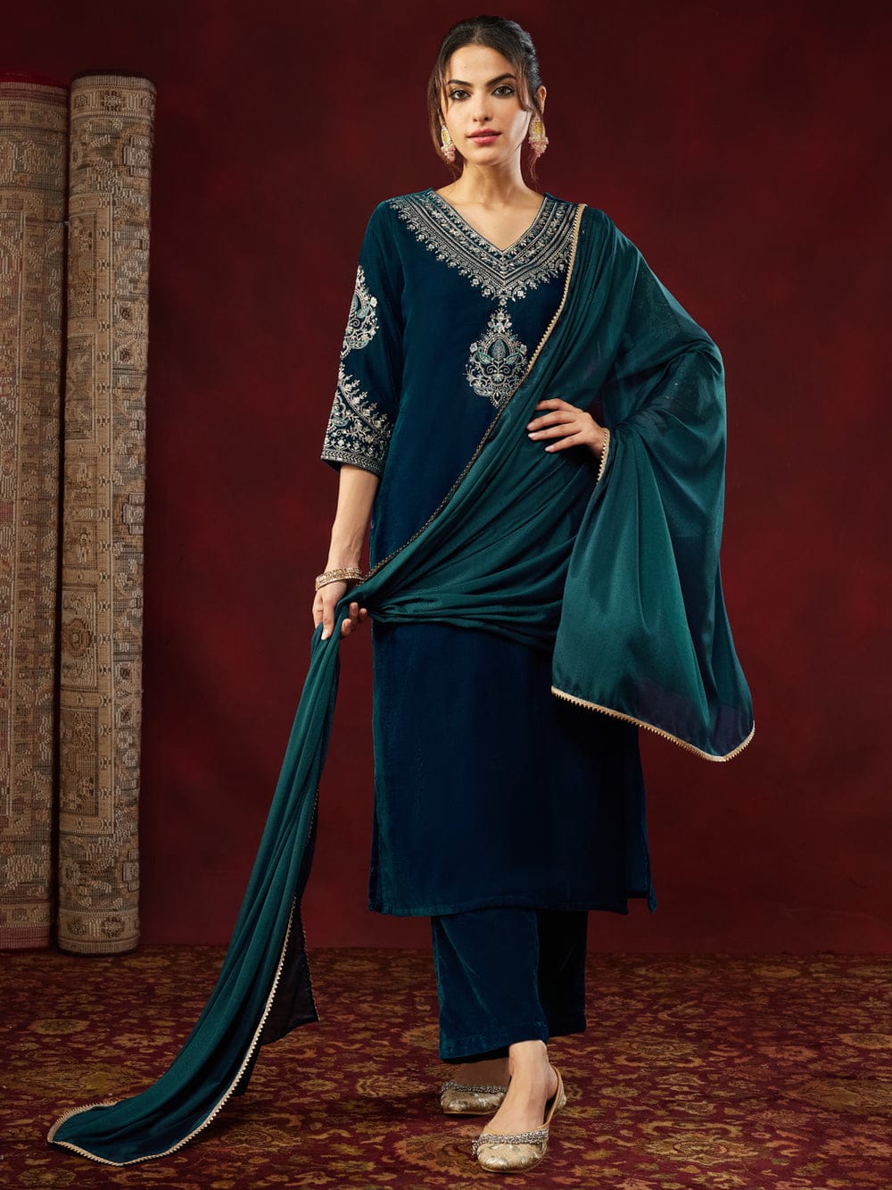 Teal Blue Velvet Zari Embroidered Straight Kurta Set