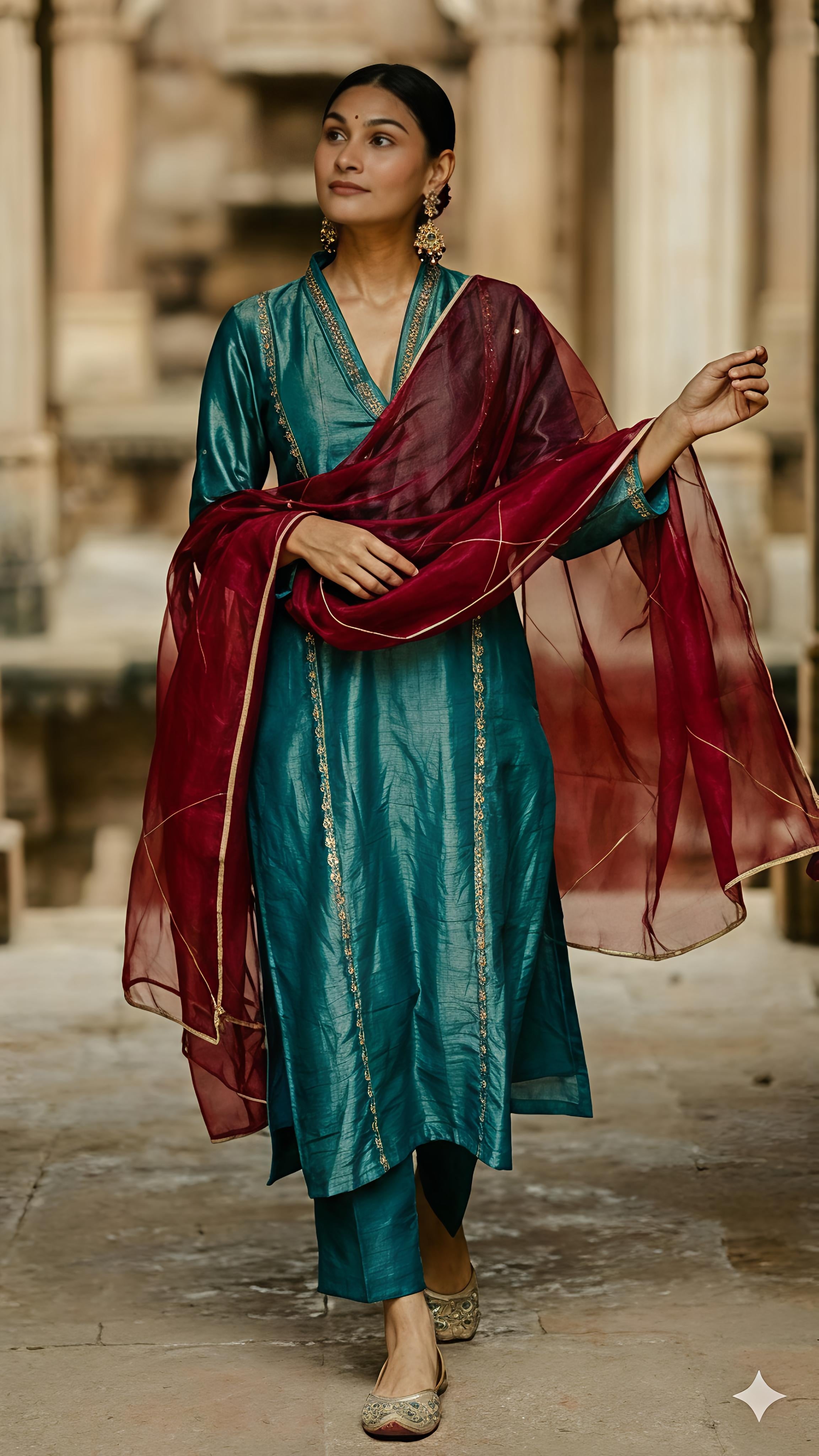 Green Kurta And Pant Tissue Embroidered Aari V Neck Set