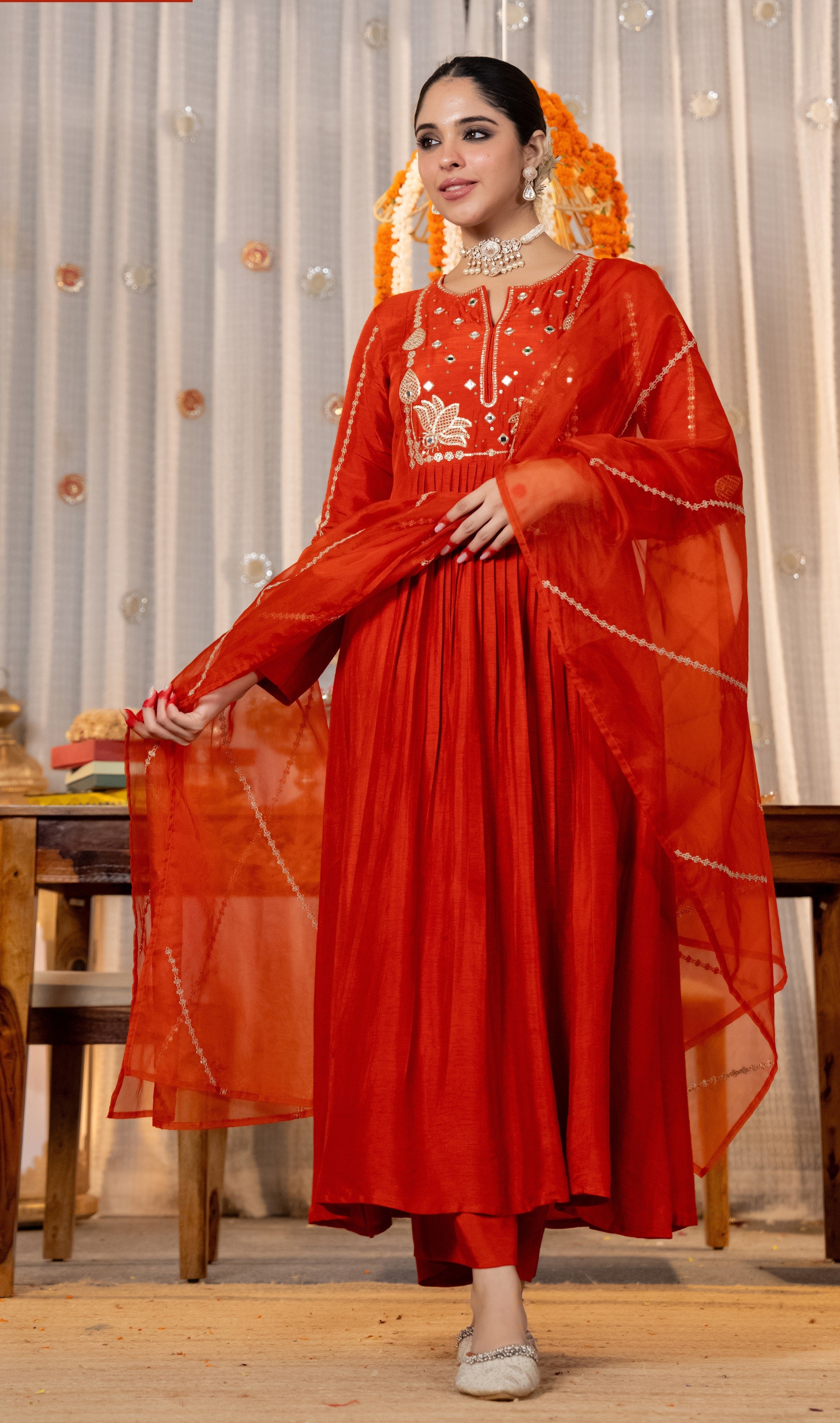 Tomato Red Gathering Anarkali Kurta Pant Suit Set with Dupatta