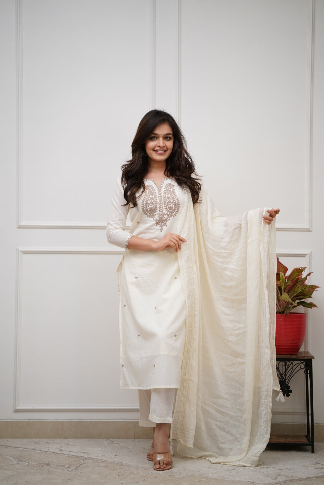 Off-White Chanderi Silk Straight Kurta Pant Set with Matching Sheer Dupatta