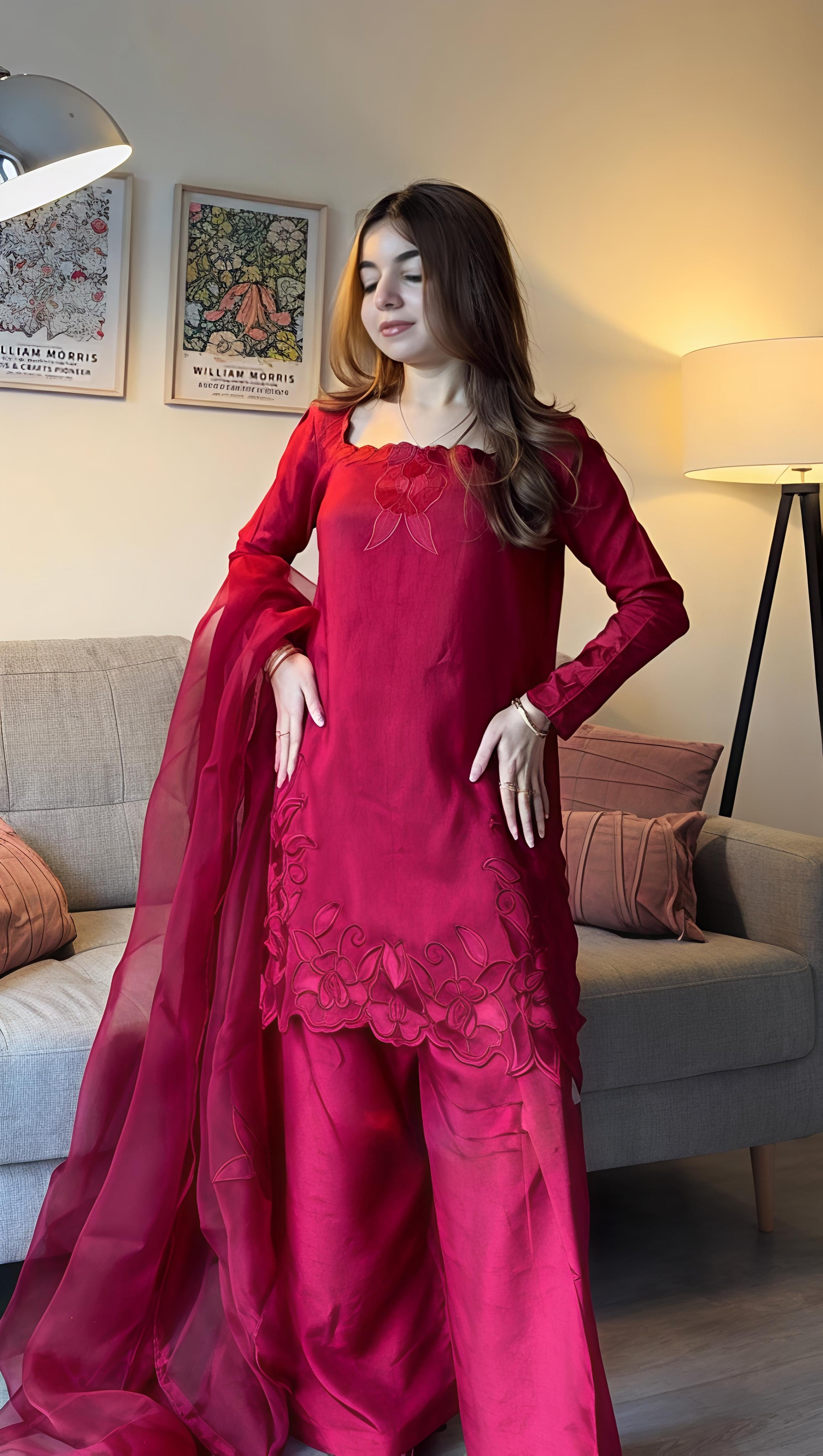Dark Pink Roman Fabric Palazzo Suit
