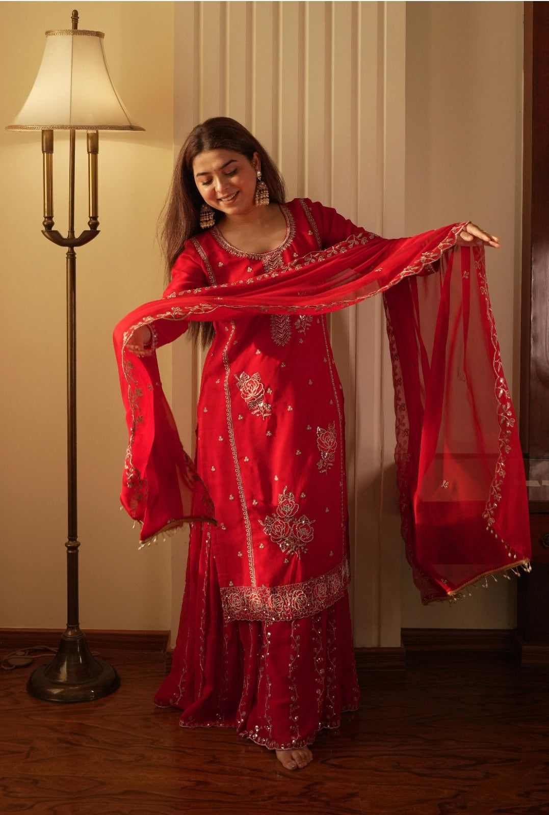 Traditional Red Hand-Embroidered Silk Sharara Suit