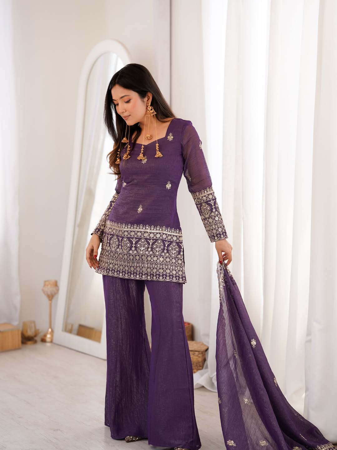 Purple Crunchy Silk Embroidered Kurta Palazzo Set