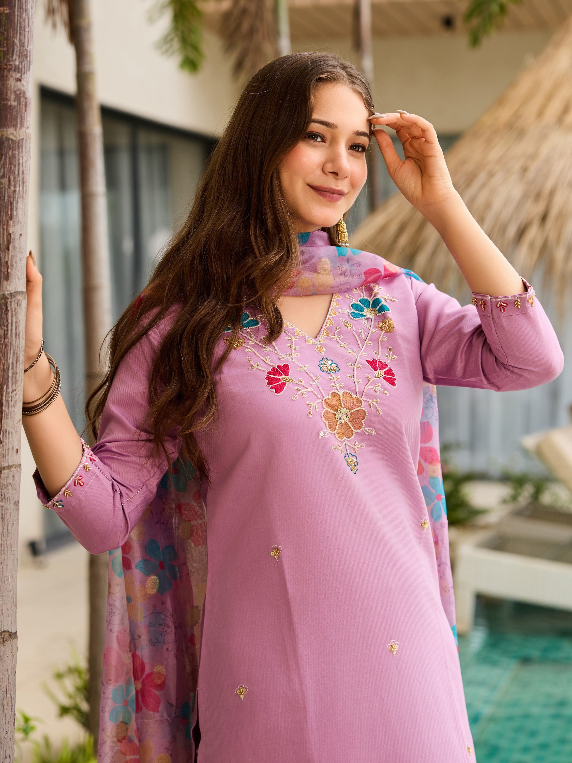 Light Purple Silk Blend Embroidery Kurta Suit Set