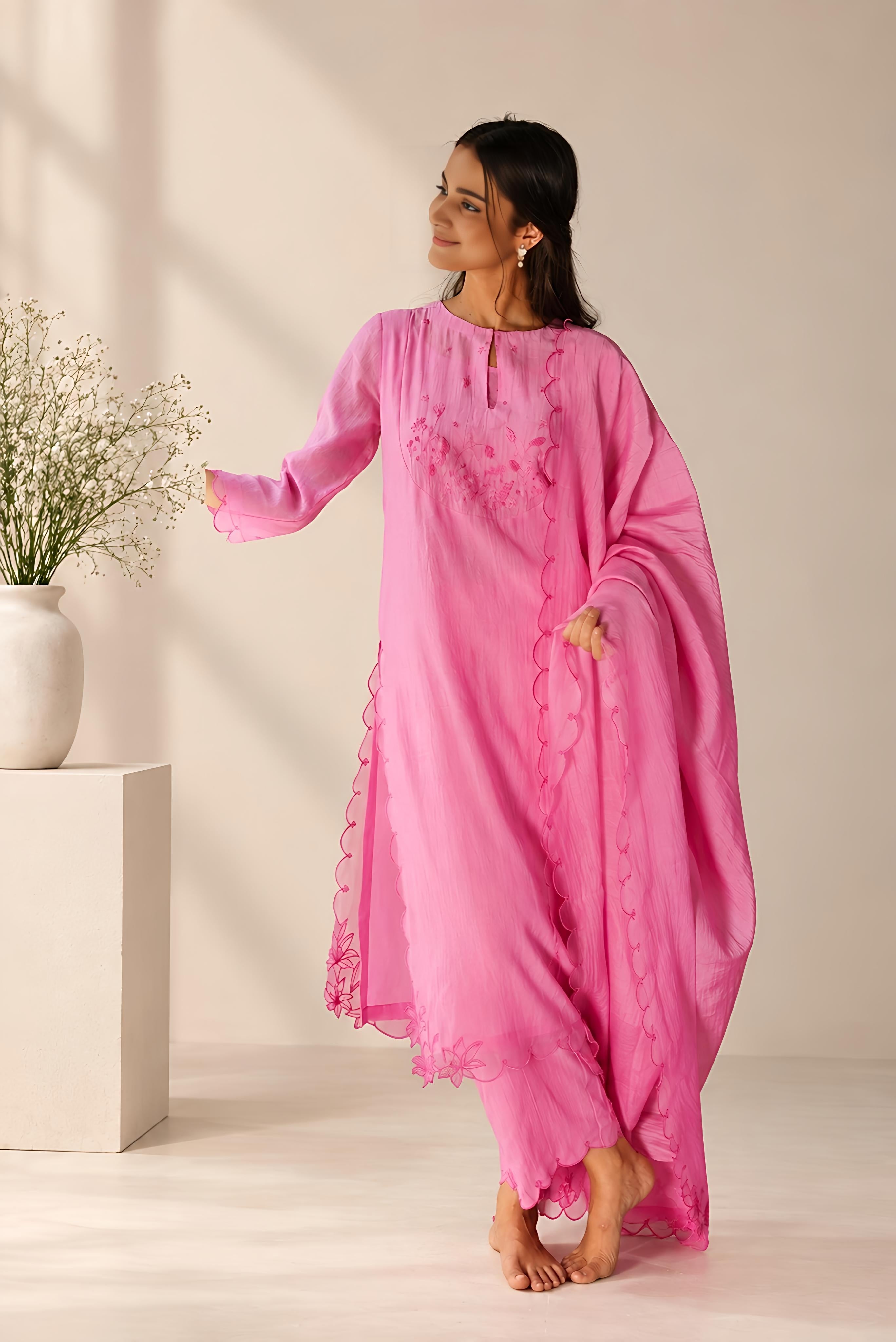 Pink Mishri Chanderi Kurta Set