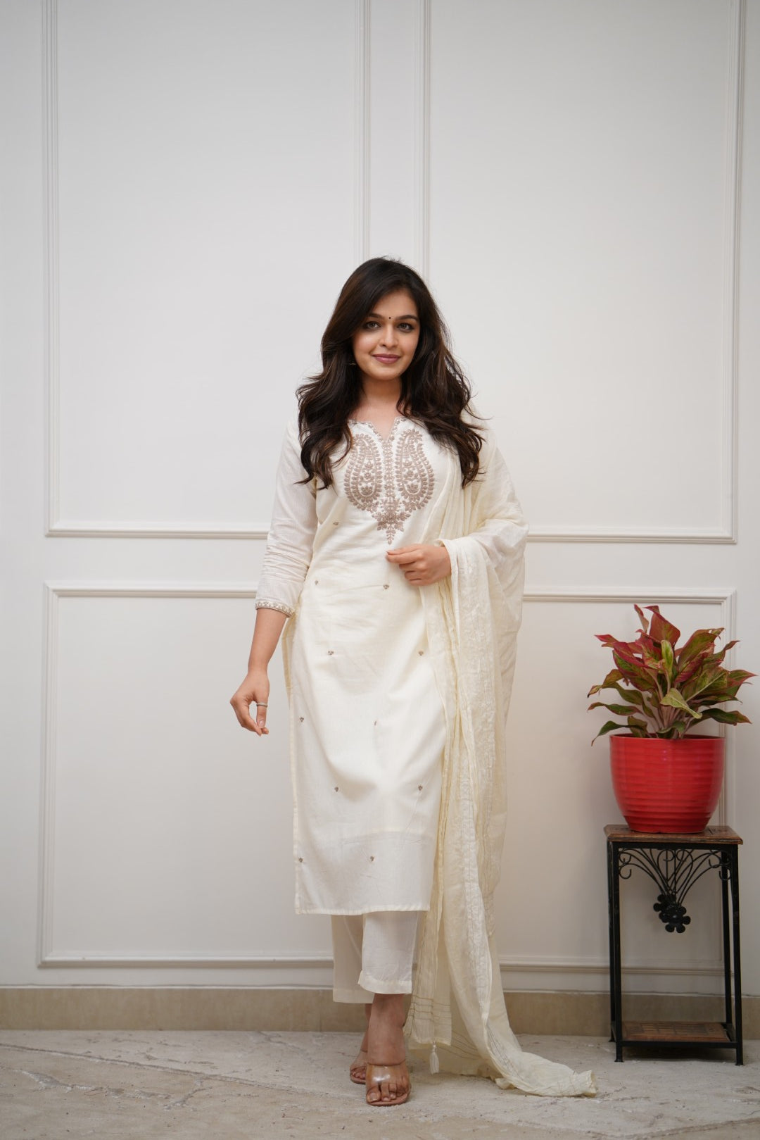 Off-White Chanderi Silk Straight Kurta Pant Set with Matching Sheer Dupatta