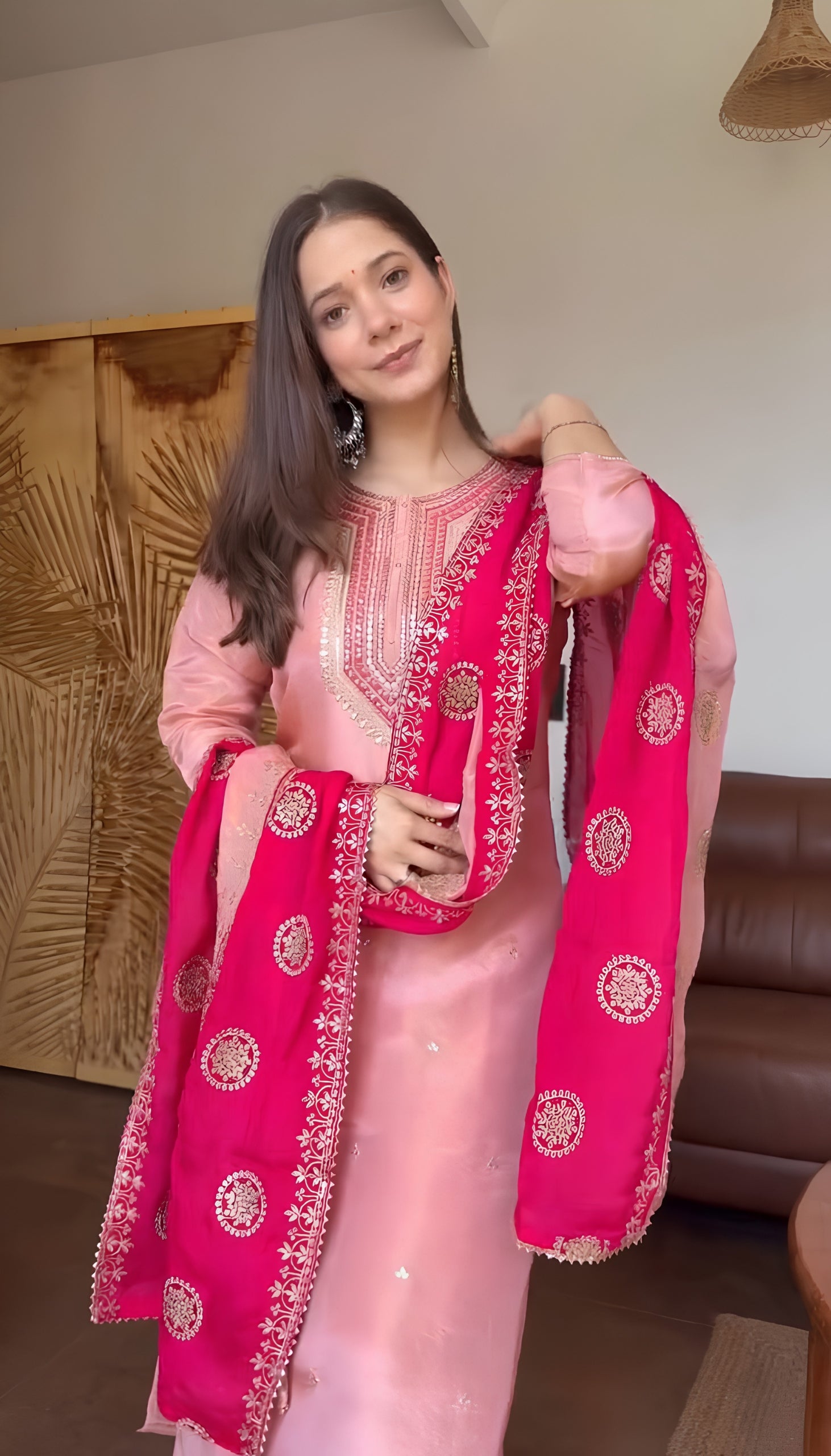 Pink Premium Fendy Silk Embroidered Suit Set