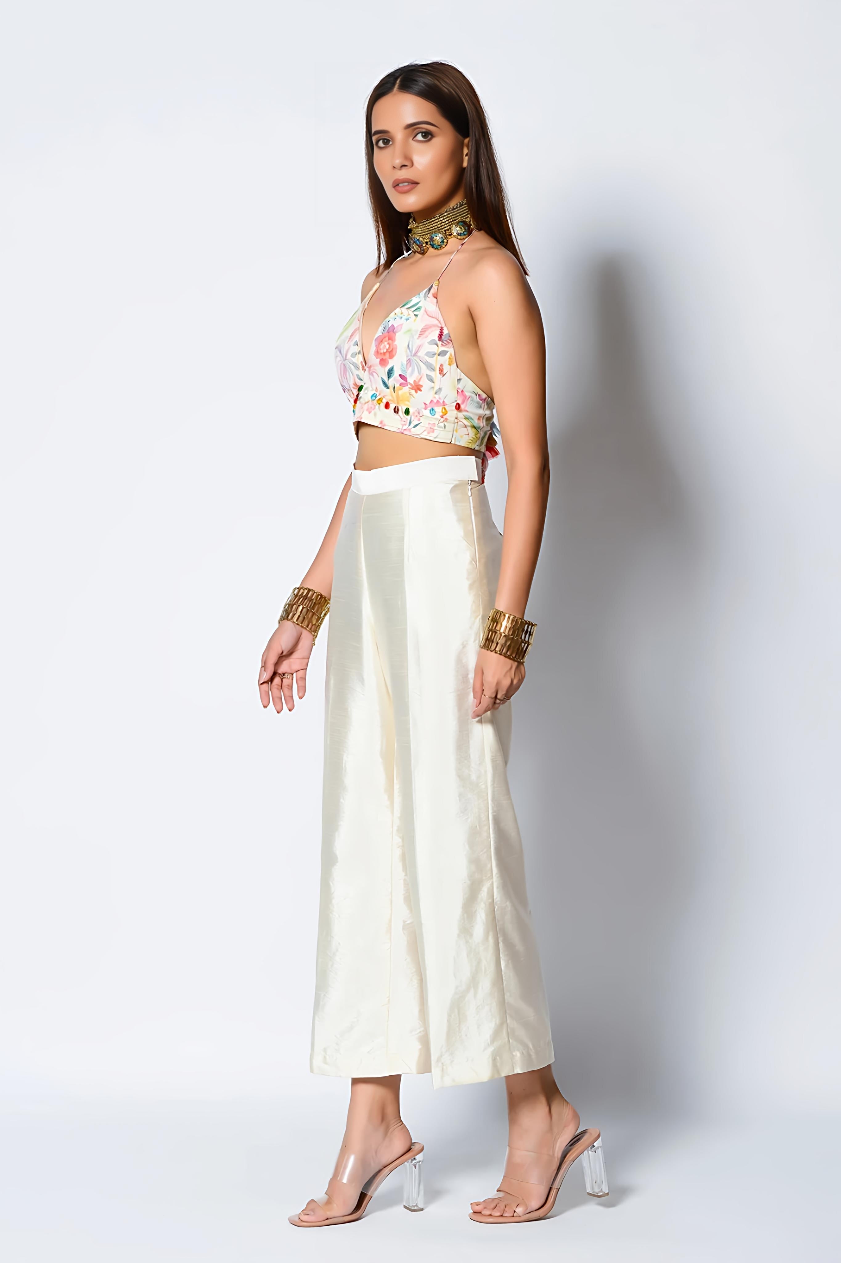 White Dupion Pant Set With Cape