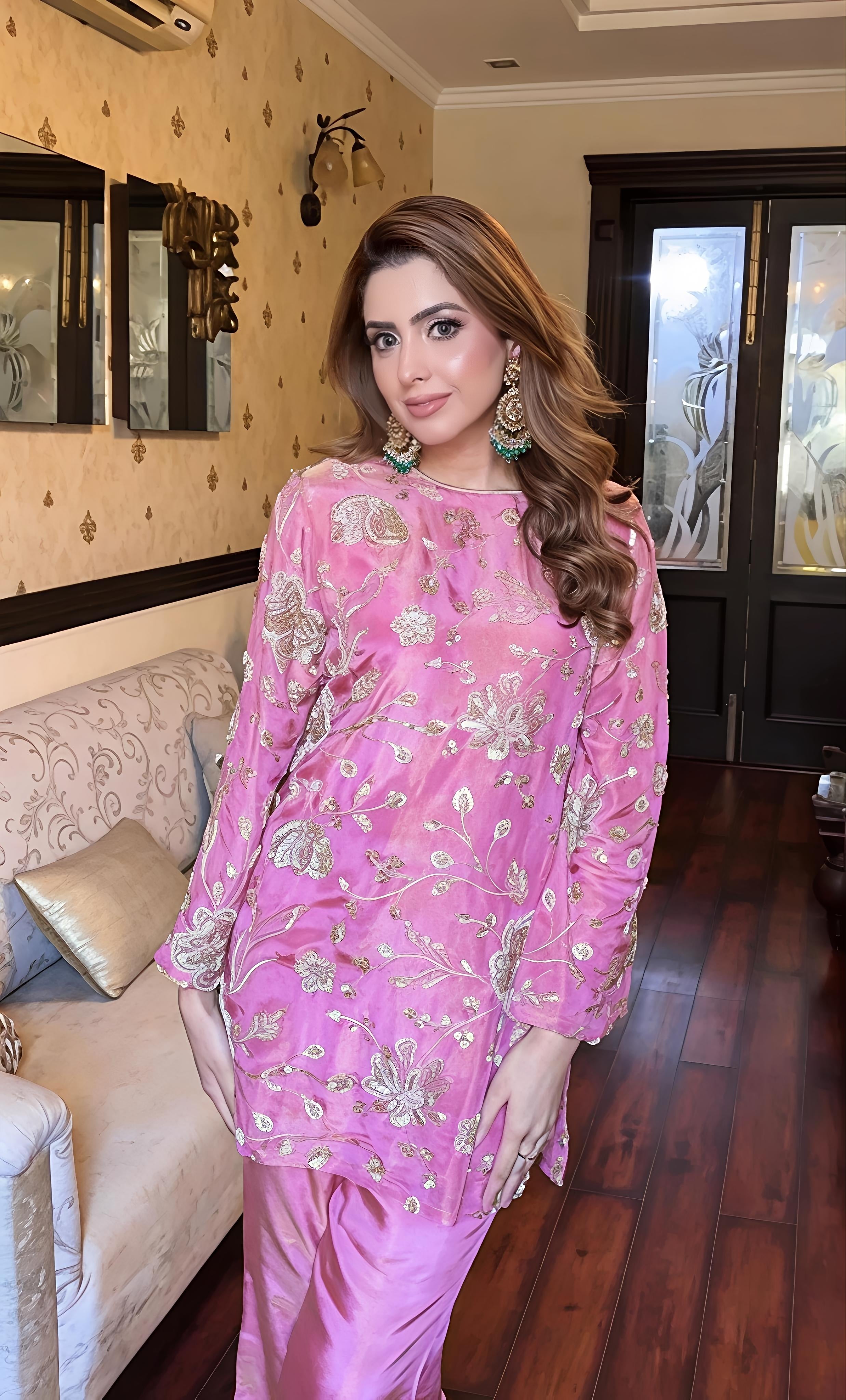 Rose Pink Viscose Tissue Beadwork Co-ord Set