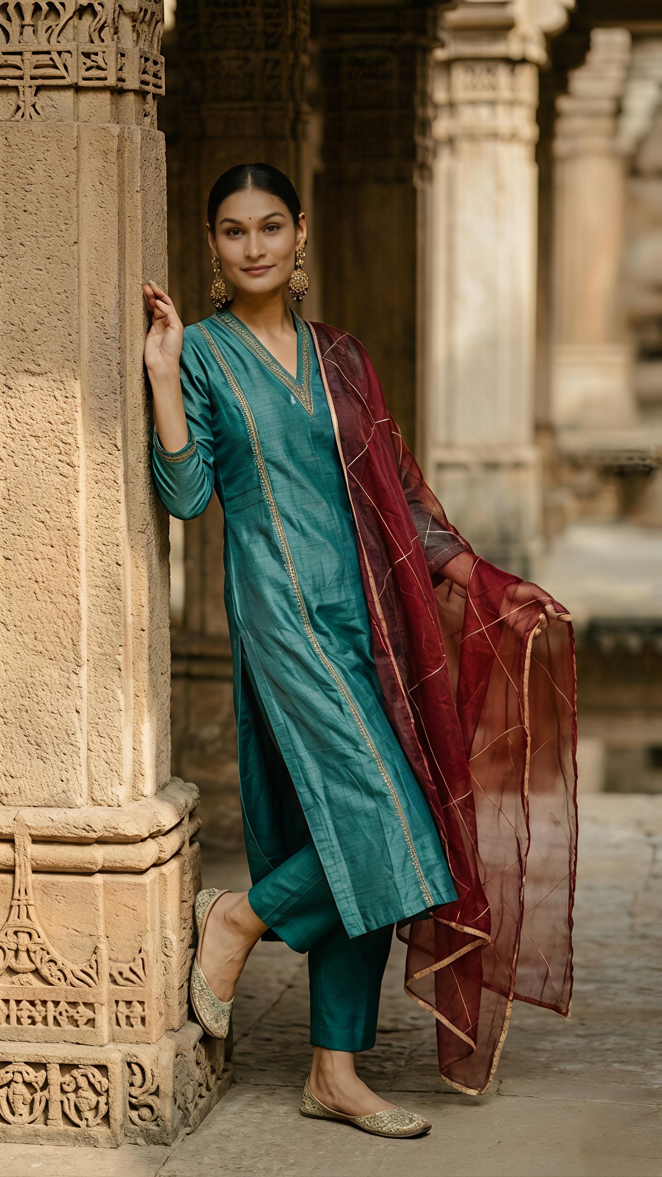 Green Kurta And Pant Tissue Embroidered Aari V Neck Set