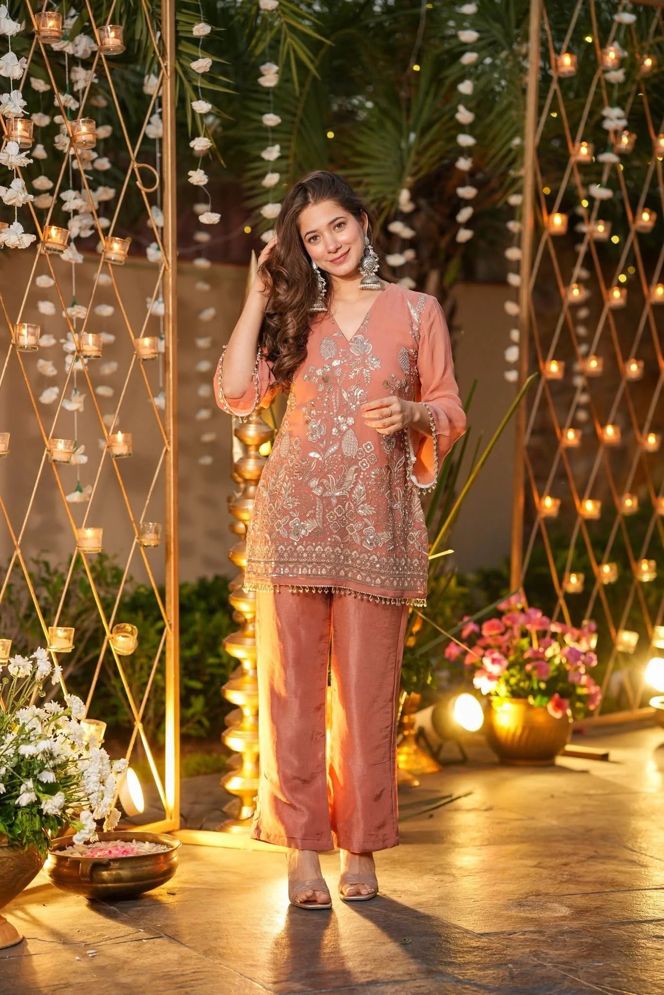 Crunchy Silk Embroidered Kurta Pant Set.